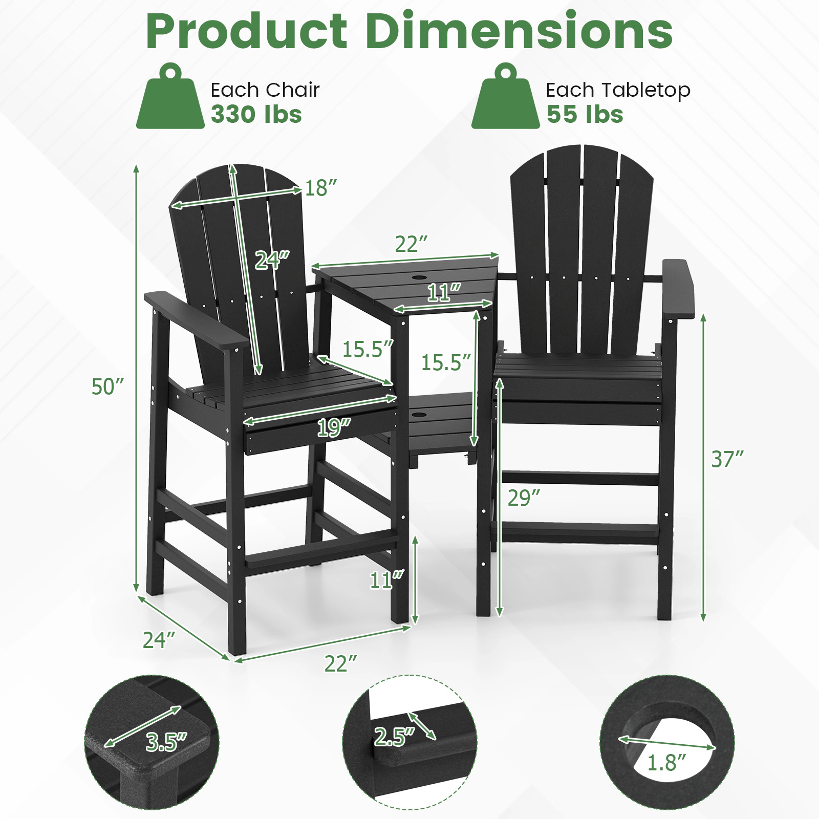 LJG 2-Seat Adirondack Chair All-Weather with Double Connecting Tray
