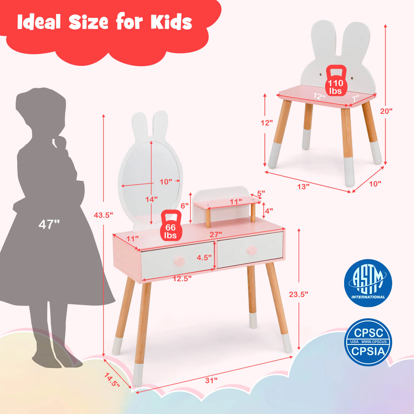 SUGIFT Kids Vanity Set with Rabbit Mirror, Storage Shelf and Backrest Chair