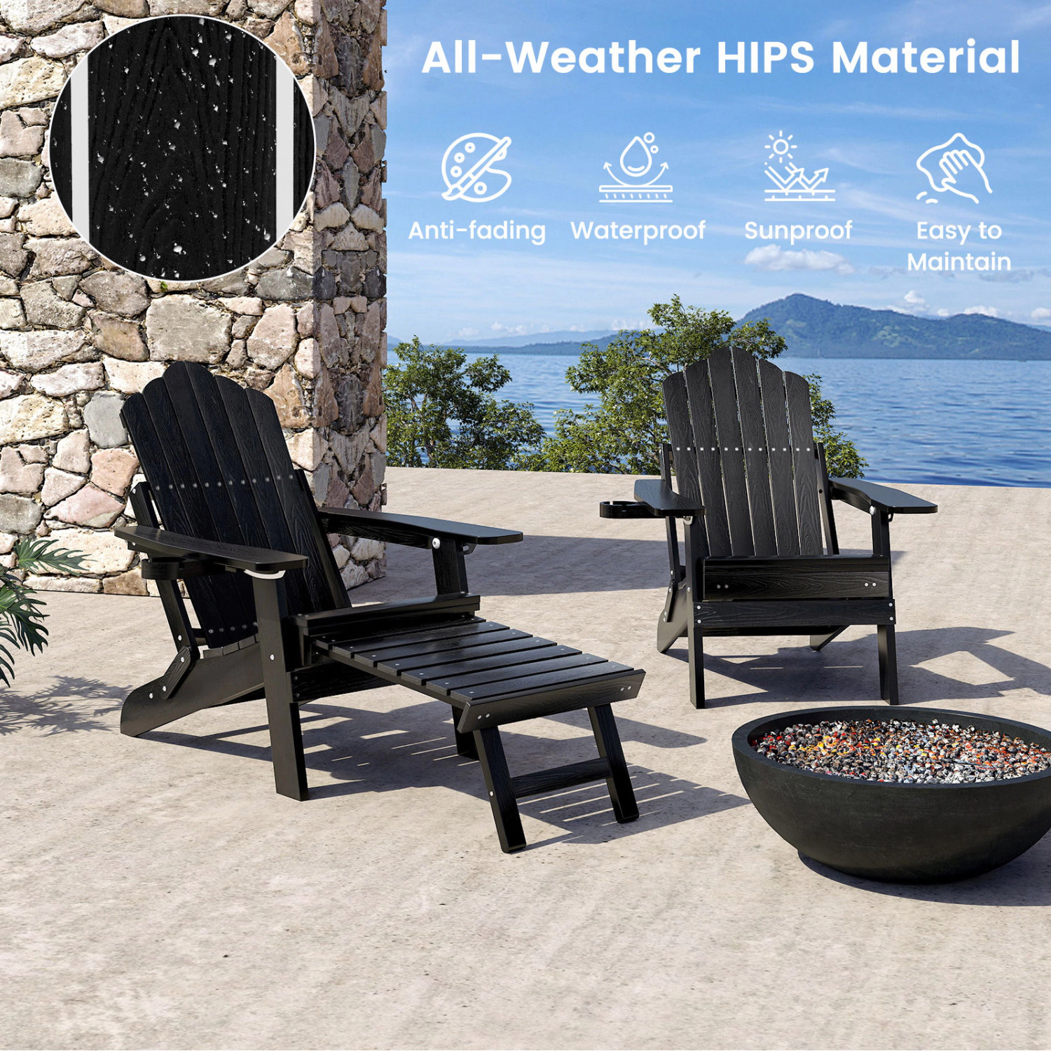 LJG All-Weather HIPS Patio Adirondack Lounge Chair with Retractable Footrest