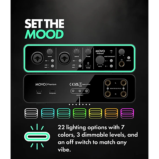 Movo Phantom Dual Channel USB/USB-C Audio Interface for Recording, Songwriting, Podcasting, Audio Production w/USB-C