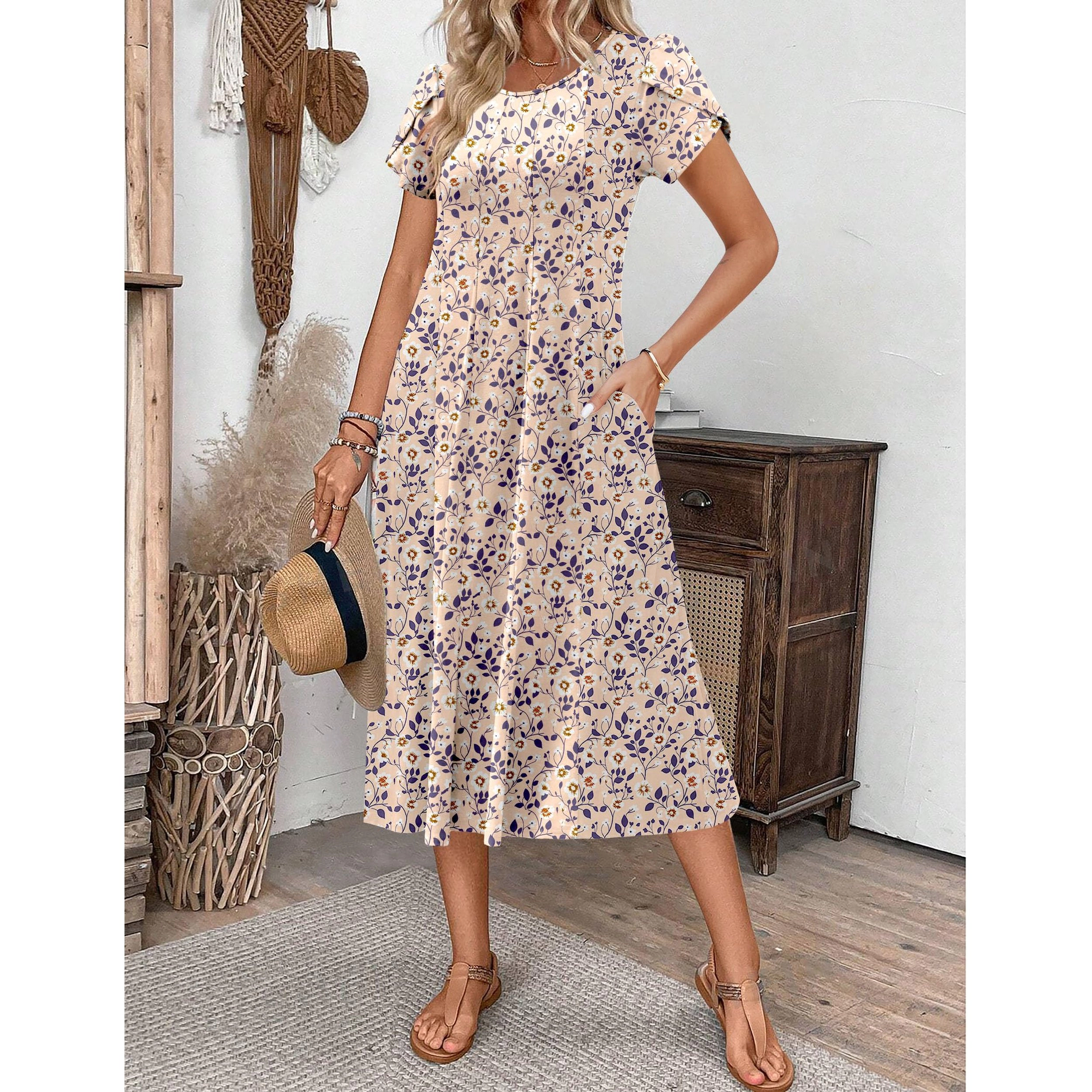 Zeagoo Women's Scoop Neck Short Sleeve Midi Dress