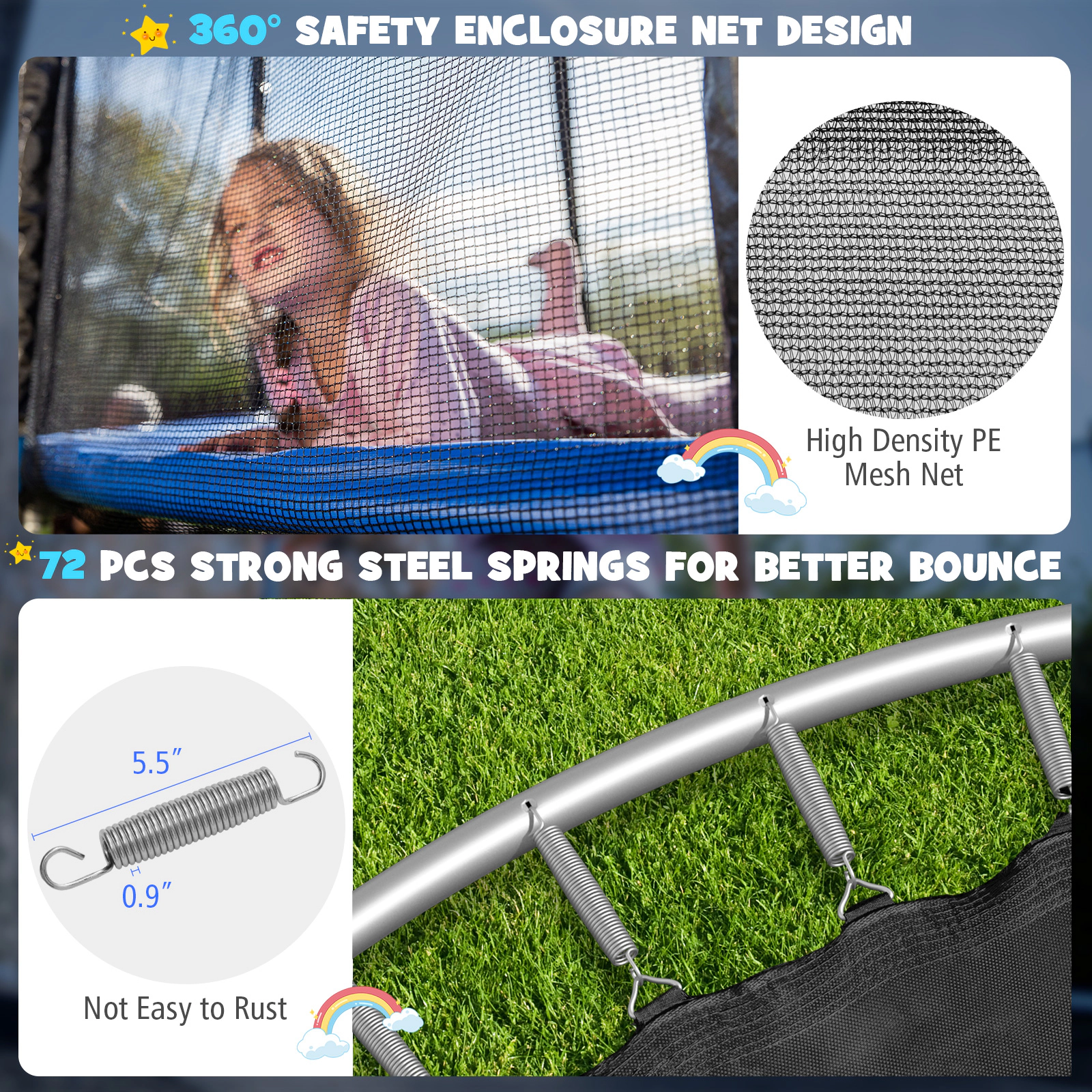 SUGIFT Kids Blue 12-ft Outdoor Recreational Trampoline with Safety Enclosure Net 400-lb Jumper Capacity Ages 3+