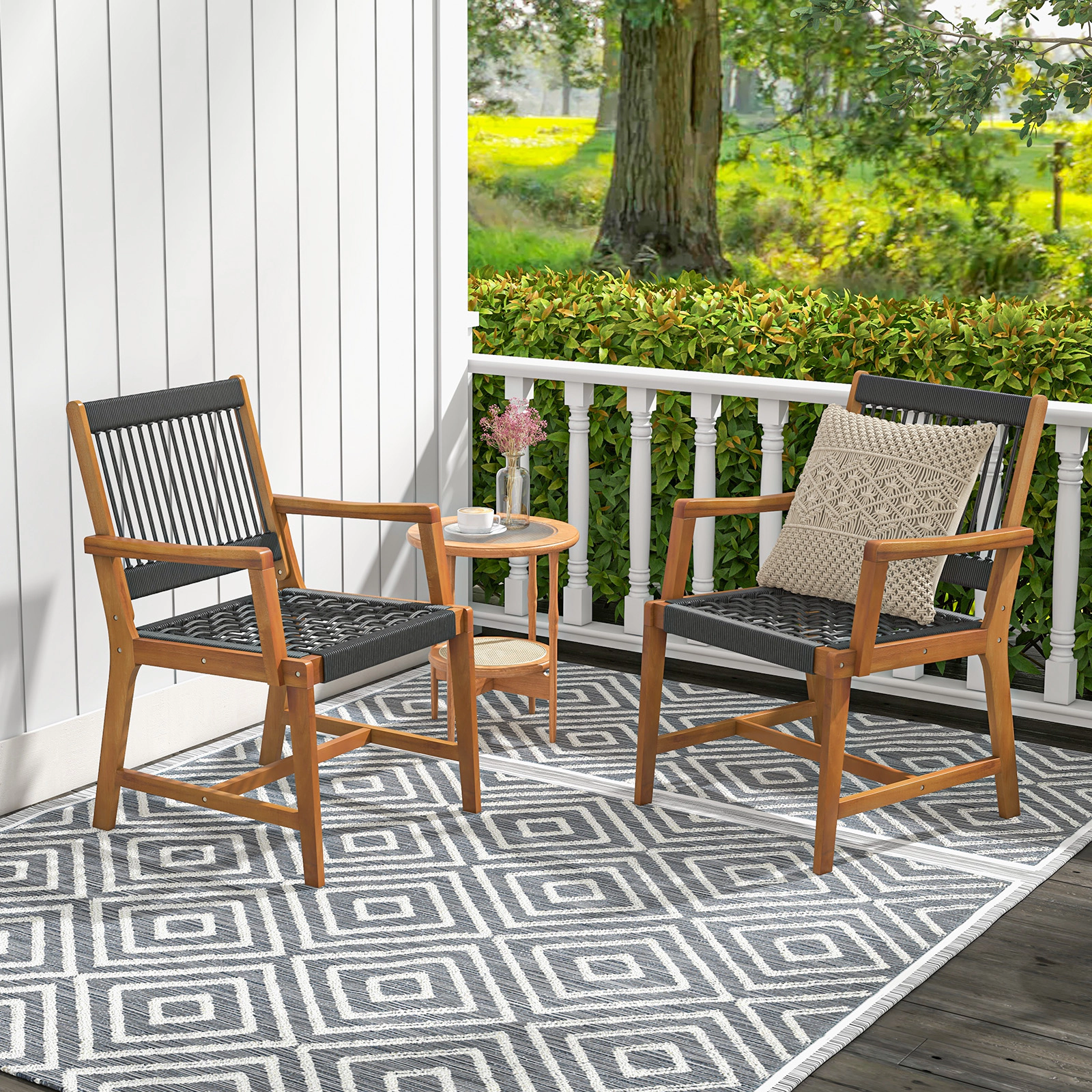 SUGIFT Set of 2 Hand-Woven Rope Patio Acacia Wood Dining Armchairs 360-lb Capacity Black and Natural