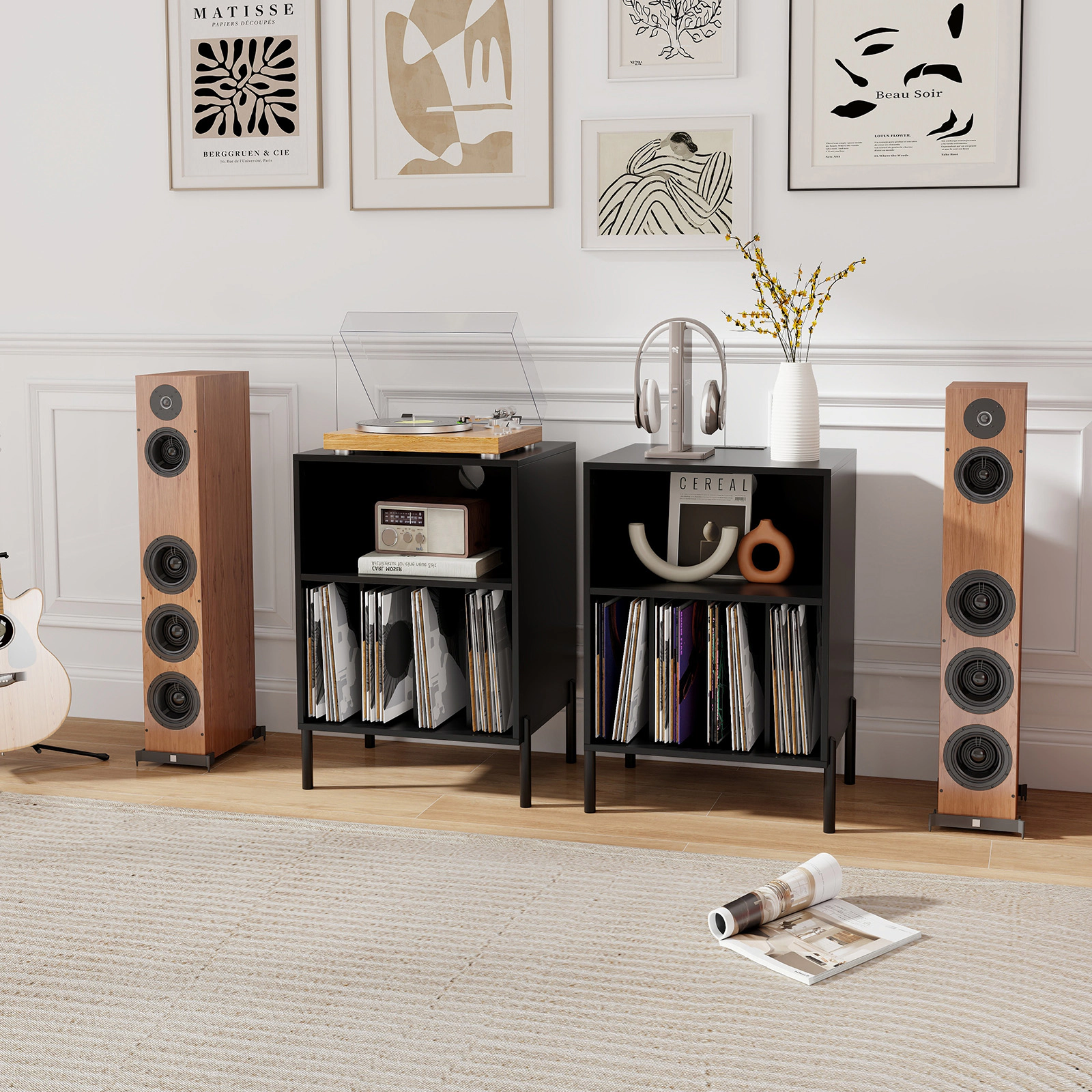 LJG Record Player Stand with Storage Shelf and Charging Station