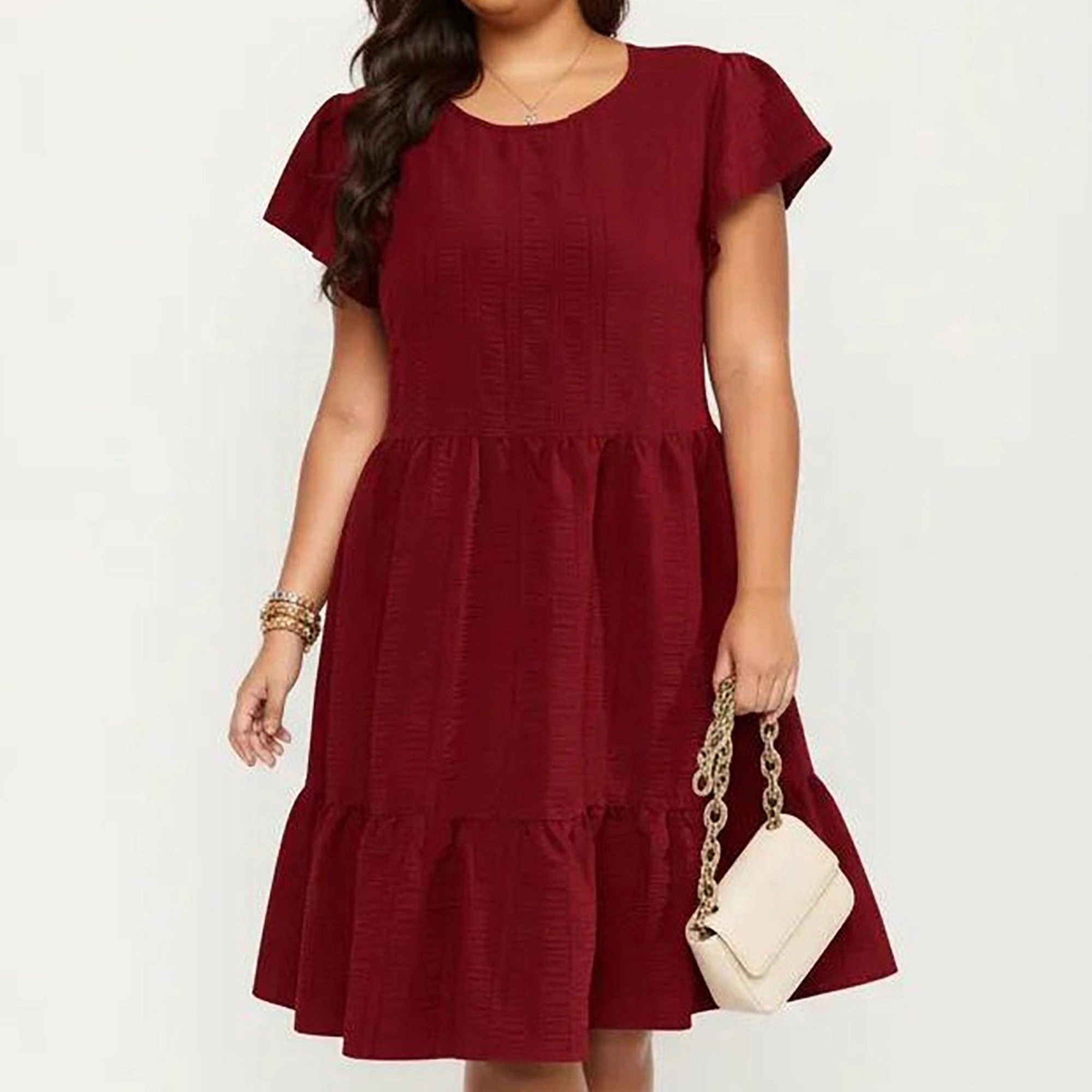 Anna-Kaci Women's Plus Textured Crew Neck Tiered Skirt Ruffle Sleeve Detail Flowy Babydoll Fit Dress