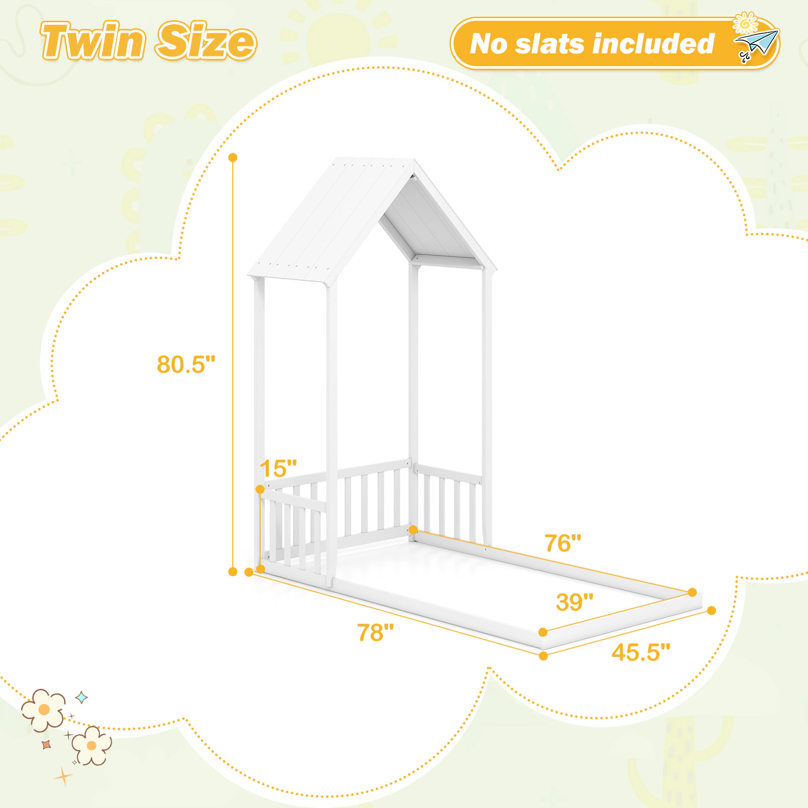 SUGIFT Twin Size House Floor Bed with House Shape Roof and Semi-Fence Toddler Bed White