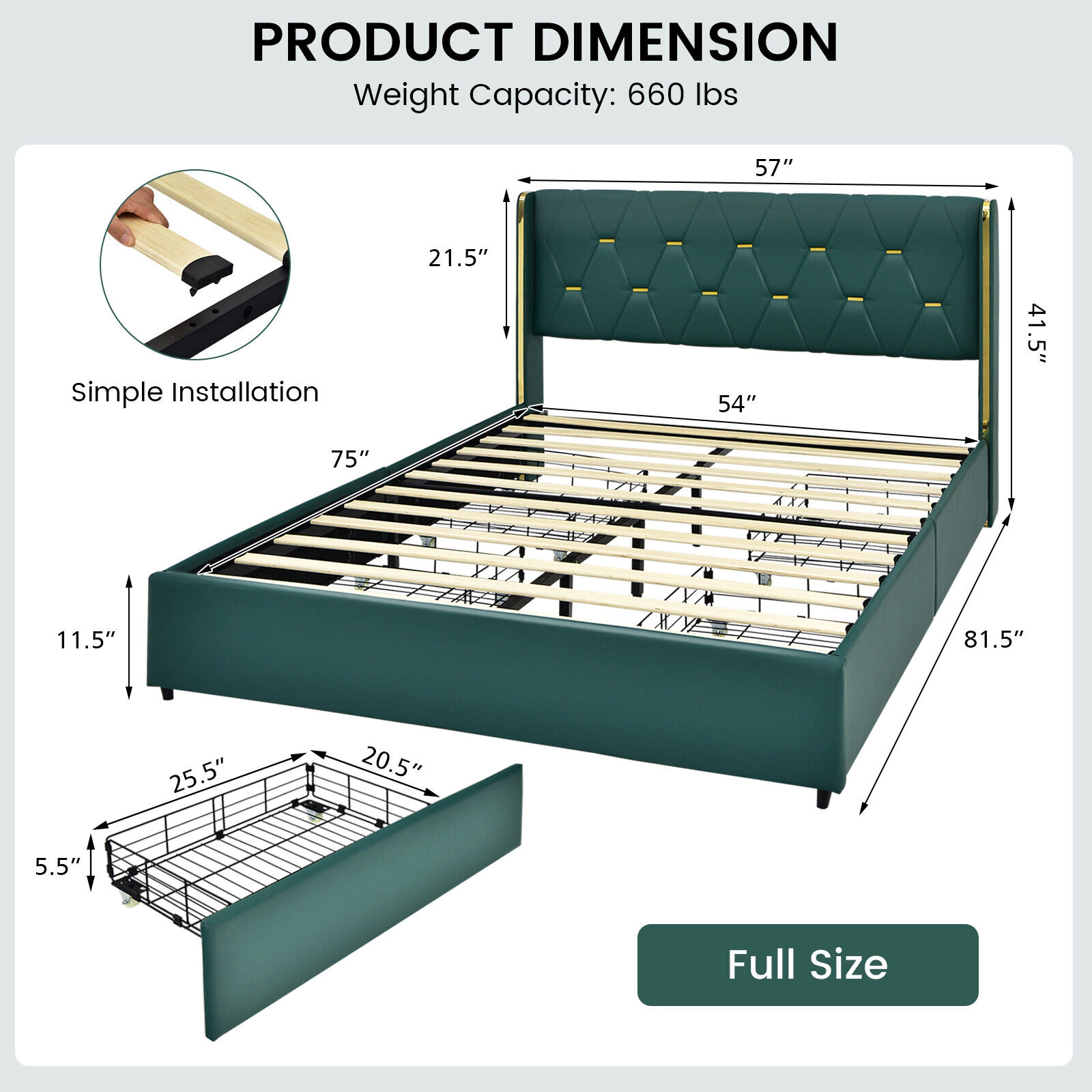 LJG Full/Queen Size Upholstered Bed Frame with 4 Drawers-Green-Full Size