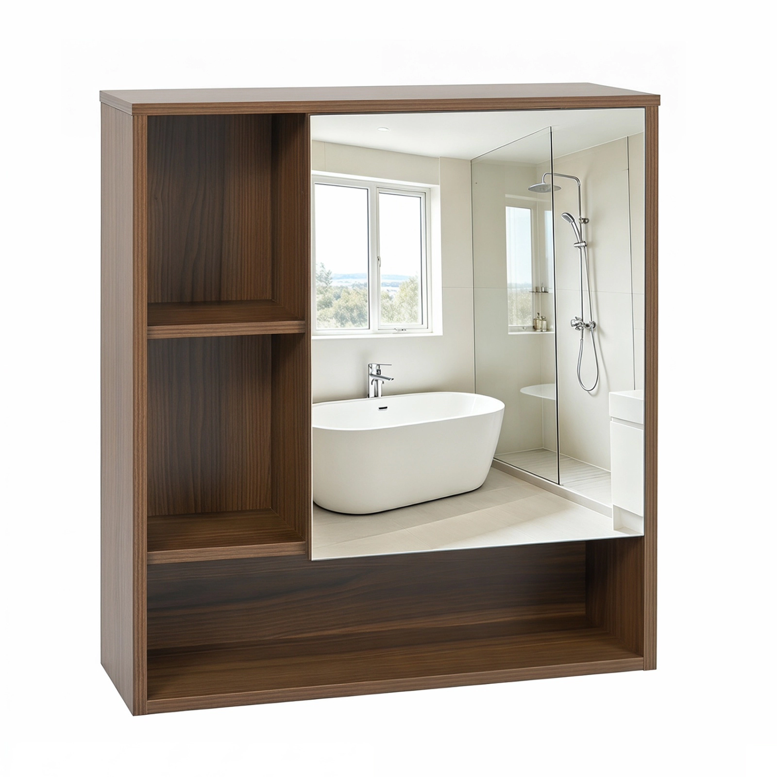 SUGIFT Walnut 22-lb Countertop Capacity Wall Mounted Mirror Cabinet with 2 Hidden Shelves and 3 Open Compartments
