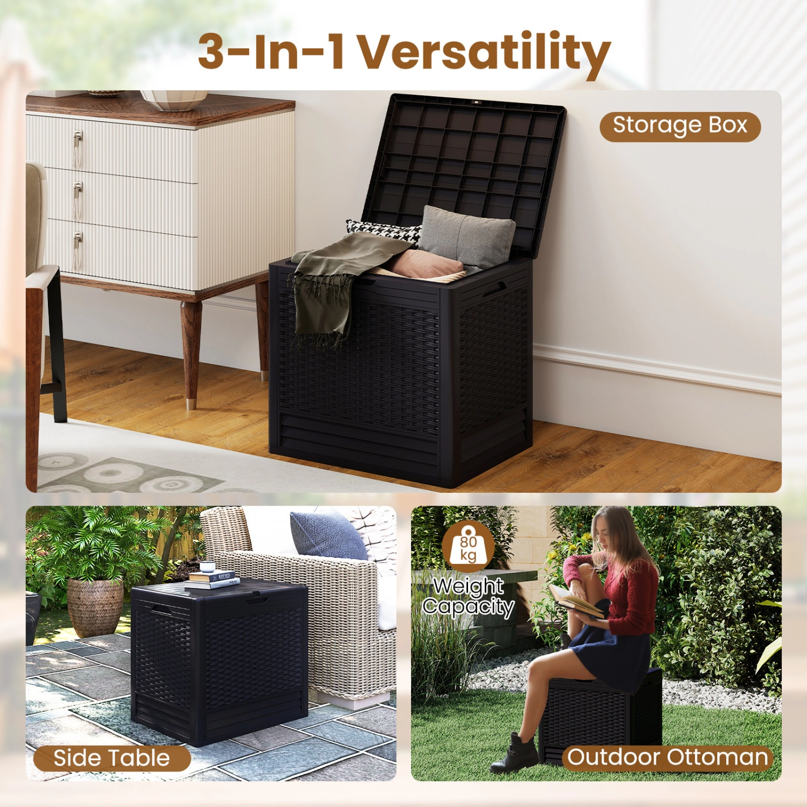 SUGIFT 25-gal 180-lb Capacity Brown All-Weather PP Outdoor Storage Deck Box with Lockable Lid and Rattan Texture