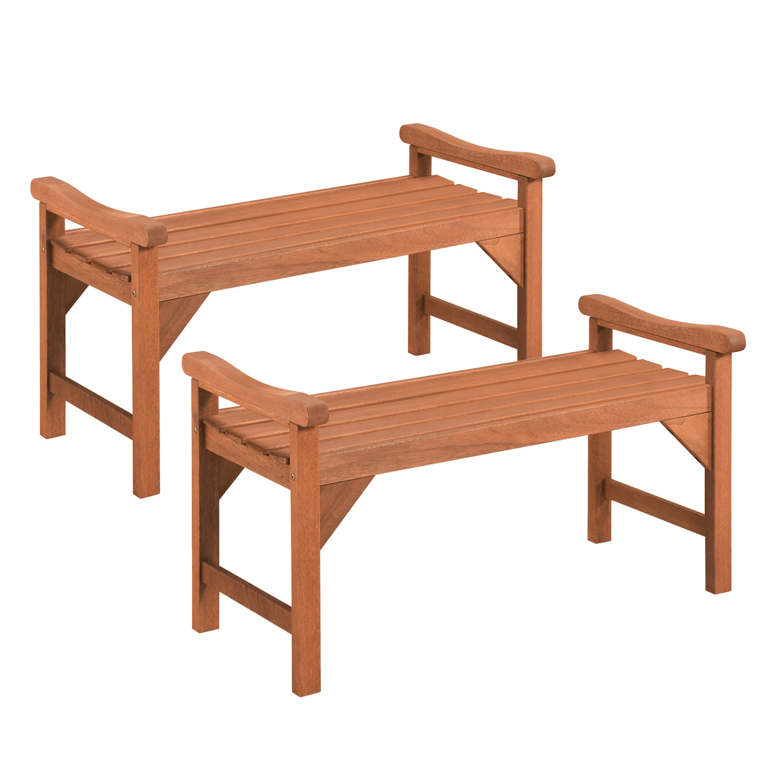 LJG Set of 2 Solid Wood Backless Garden Bench with Support Handles and Curved Slatted Seat for Deck