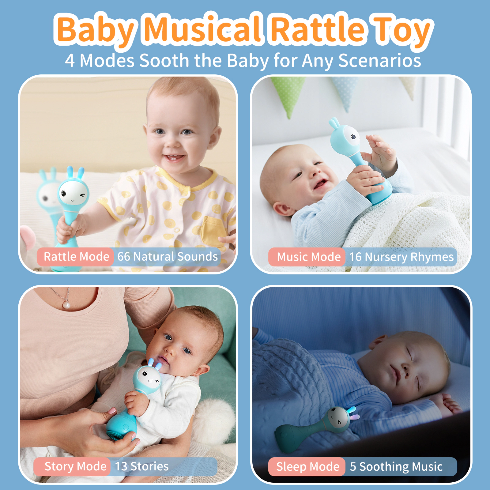 Alilo Smarty Bunny Interactive Baby Rattle with Color Recognition, Music, Lights & Teething Ears