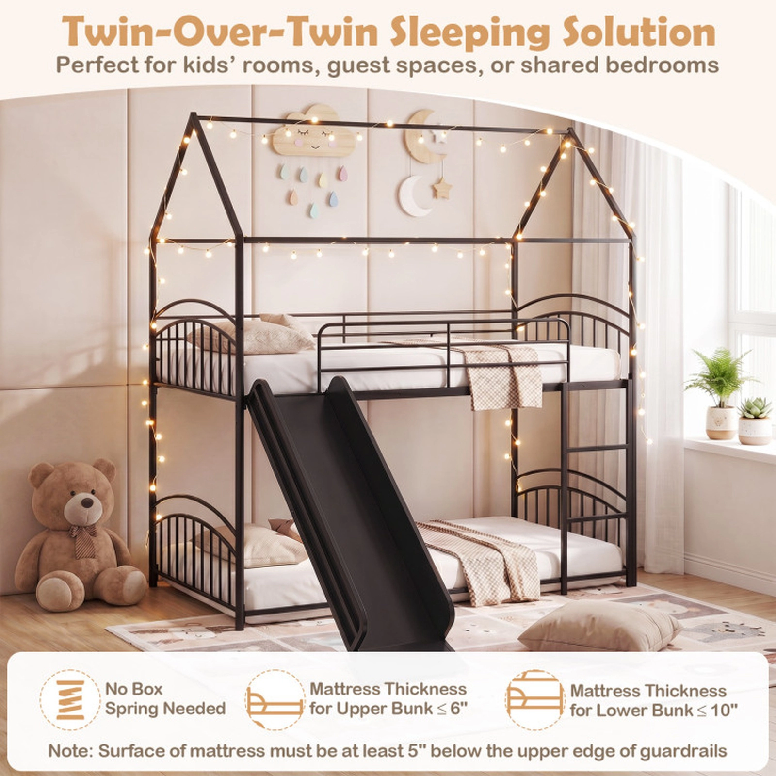 SUGIFT Black 54-in Slide Ladder and Metal Slats Twin Over Twin Kids House Bunk Bed