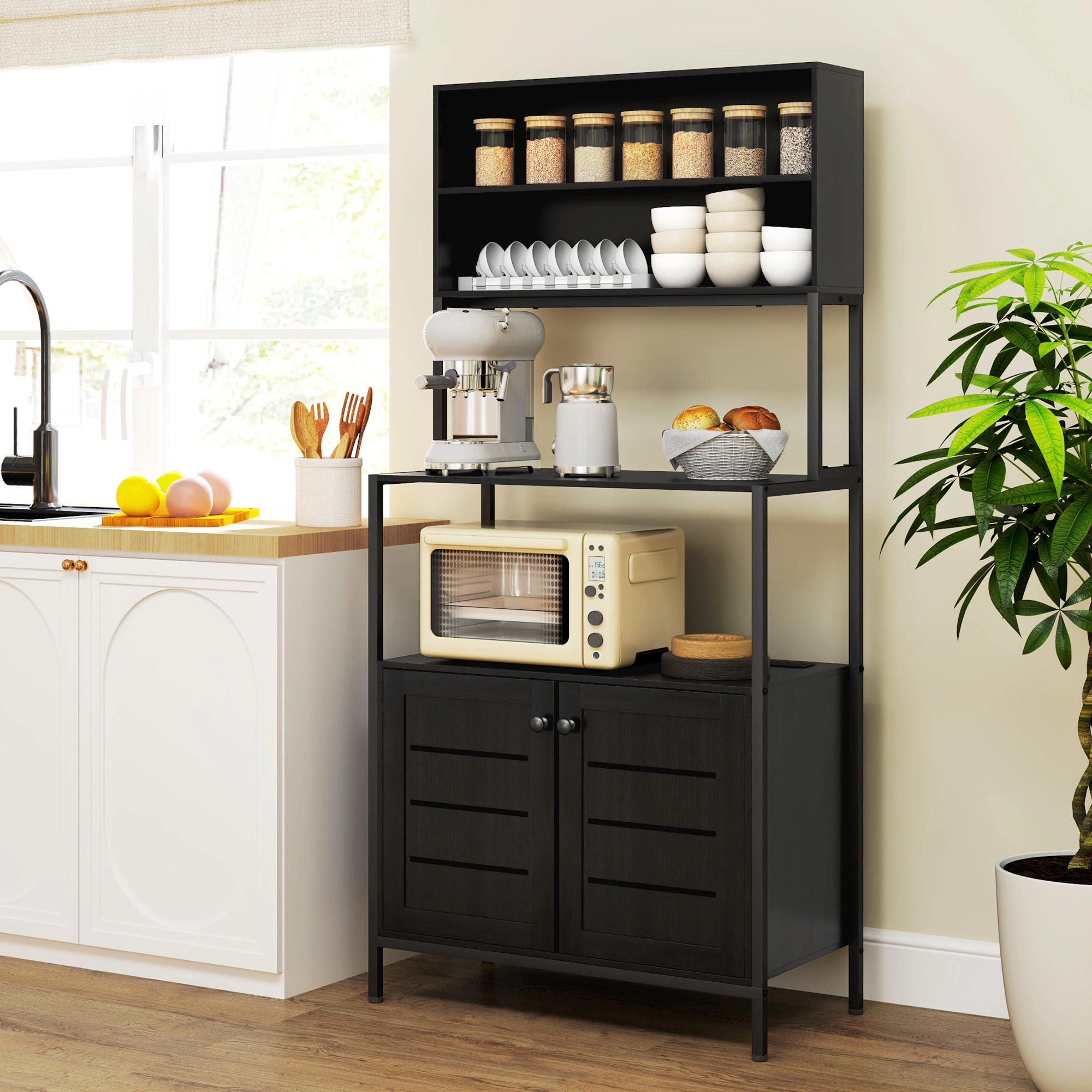 HONGGE Black Kitchen Baker's Rack with Power Outlet, Storage Shelves and Louvered Microwave Stand Cabinet