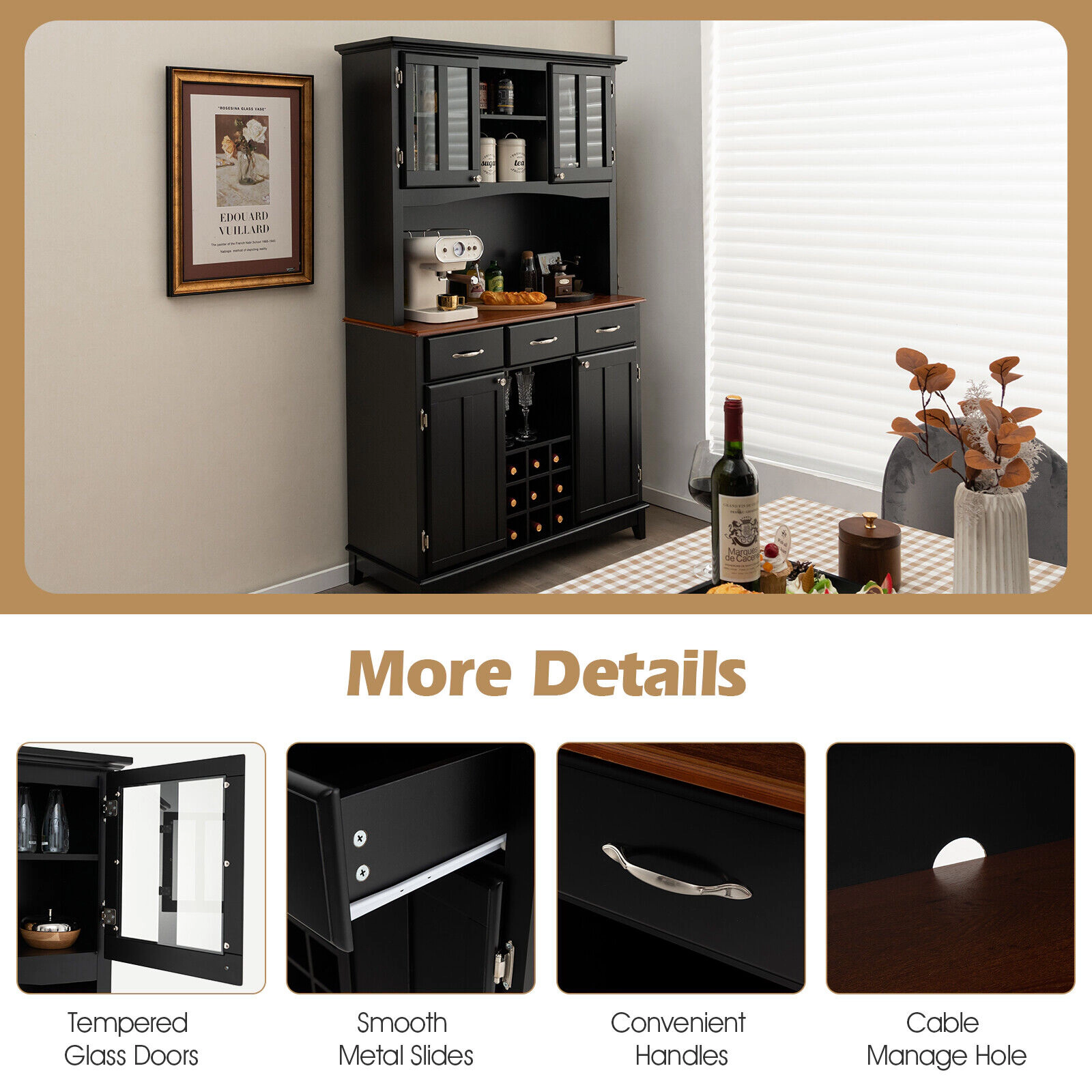 SUGIFT 72.5-in Tall 445-lb Capacity Black Storage Cabinet Hutch with 9-Bottle Wine Rack Glass Doors and 3 Drawers