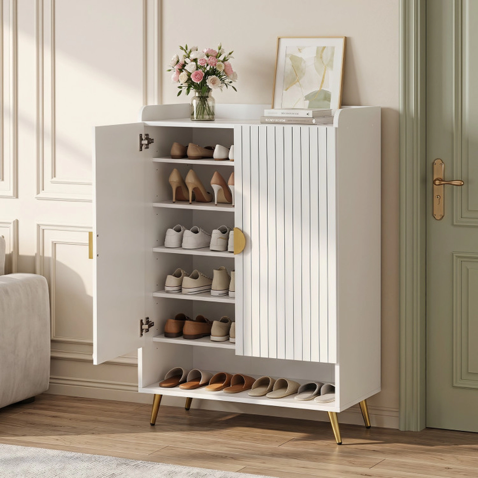 SUGIFT 44-in Tall Shoe Storage Cabinet with 7-Tier Doors and Adjustable Shelves 110-lb Capacity 30-in Wide 1-Piece White