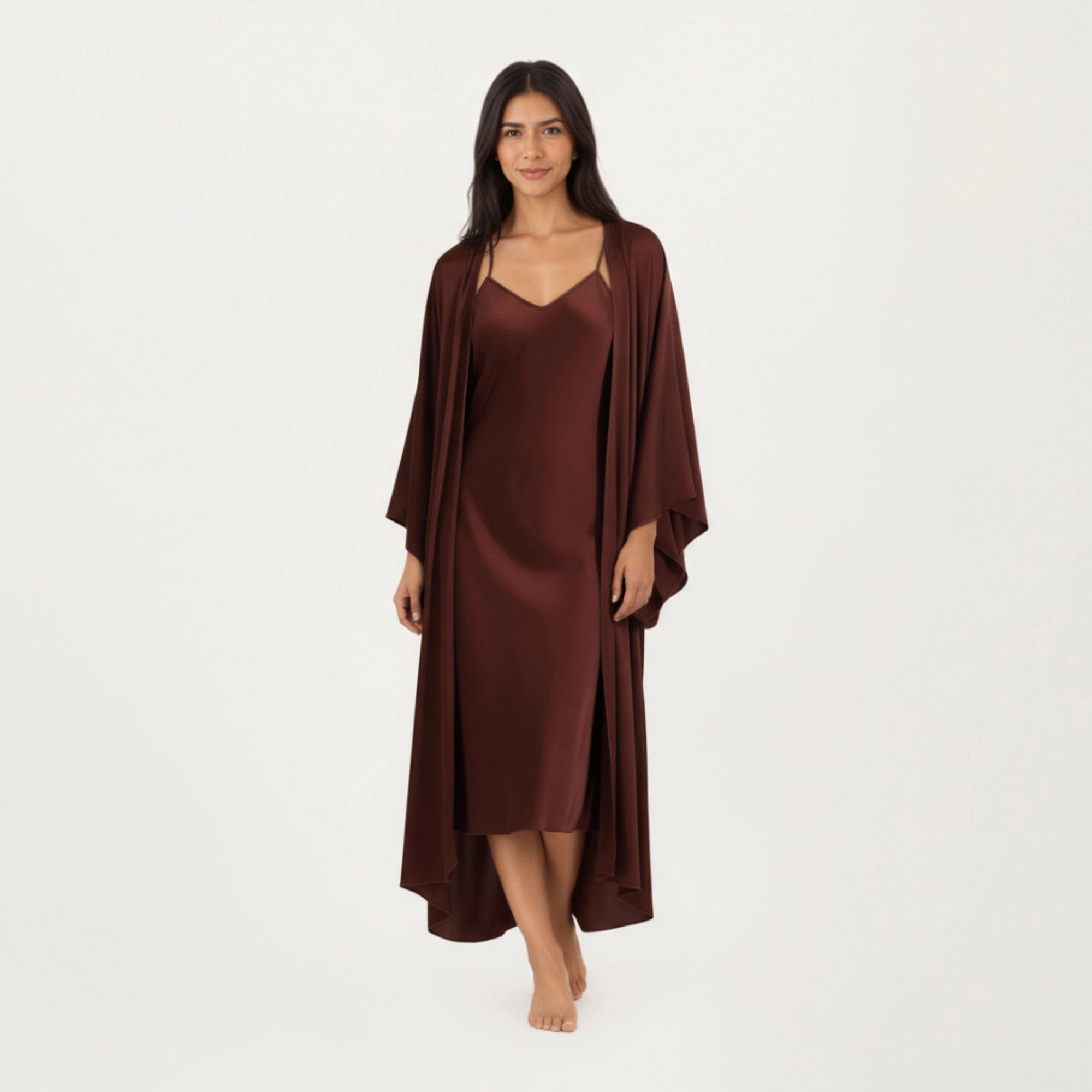 Anna-Kaci Women's 2-Piece Satin V-Neck Slip Dress with Matching Long Drape Robe