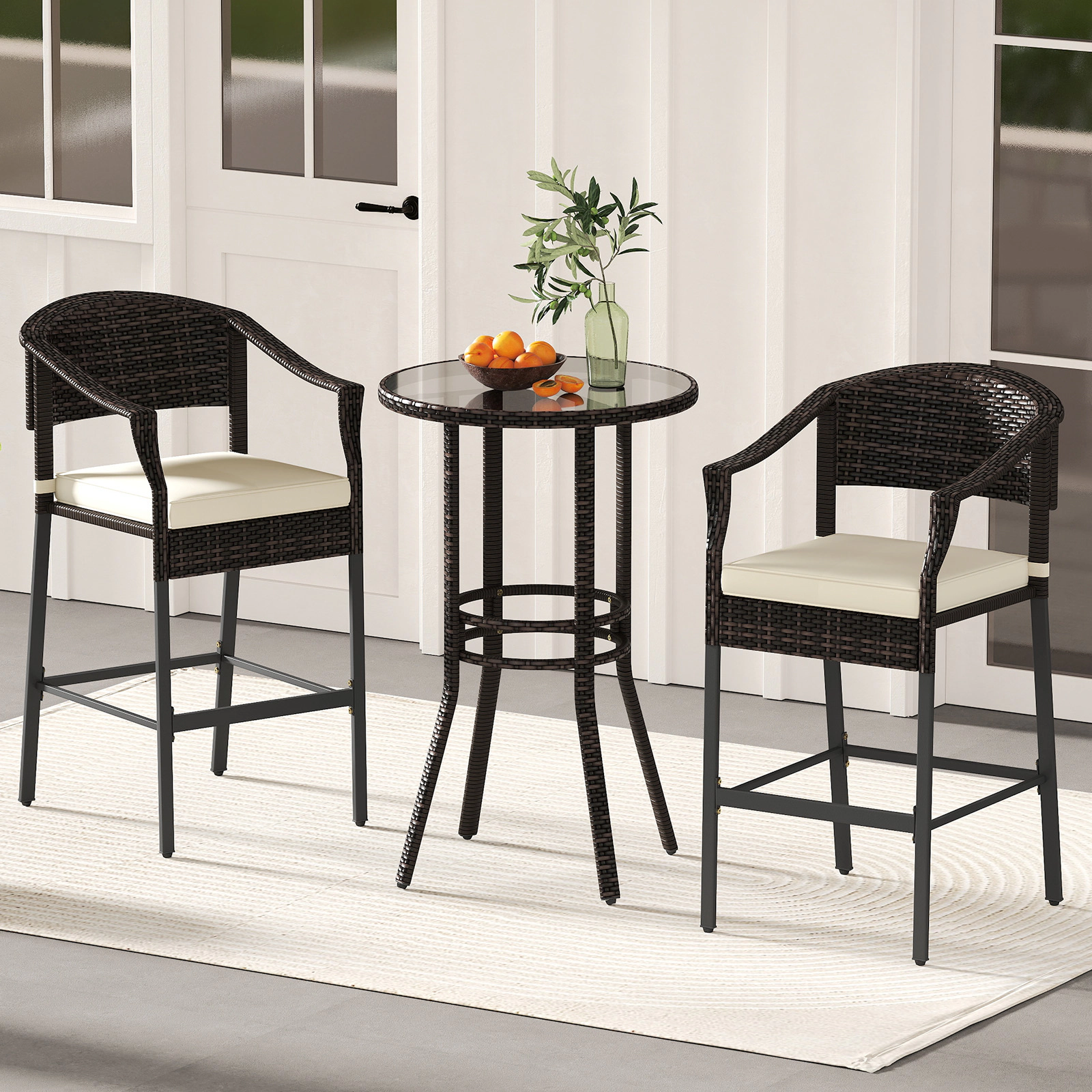 LJG 3-Piece Patio Rattan Bar Set with Tempered Glass Top for Backyard Poolside
