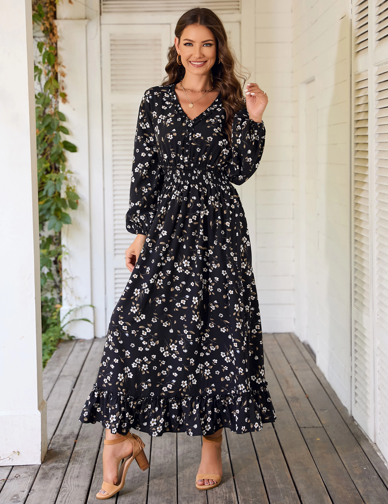 KOJOOIN Women's V Neck Floral Print Smocked Waist Maxi Dresses Flowy Dress