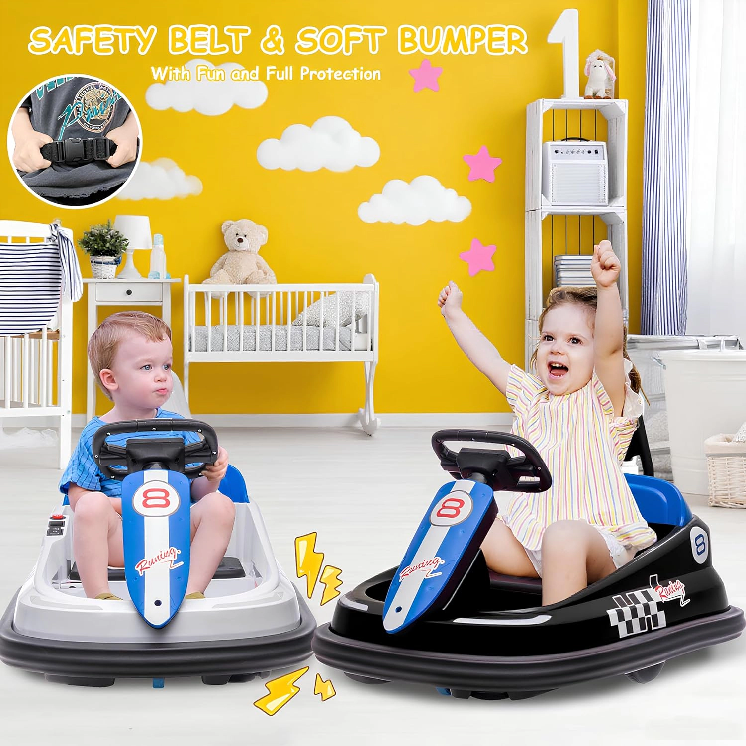 Enjyam 6V Kids Bumper Car for Toddlers, Electric Ride On Toy w/Remote, 360 Degree Spin,8 Speeds,Lights,Music & Horn