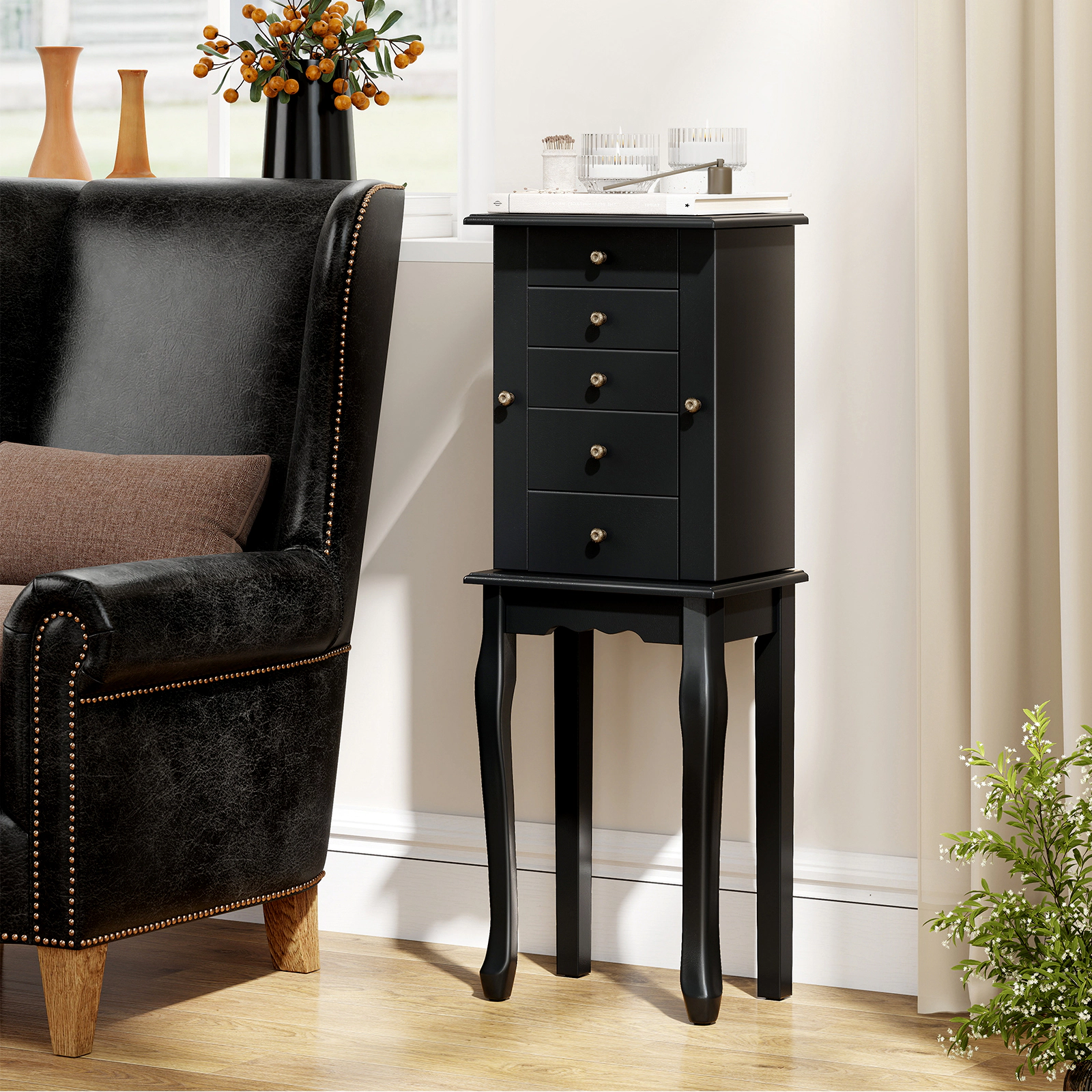 SUGIFT Flip Top Mirror 5 Drawers 2 Side Doors 8 Necklace Hooks Jewelry Cabinet Armoire 12.5-in x 8.5-in x 34-in Black