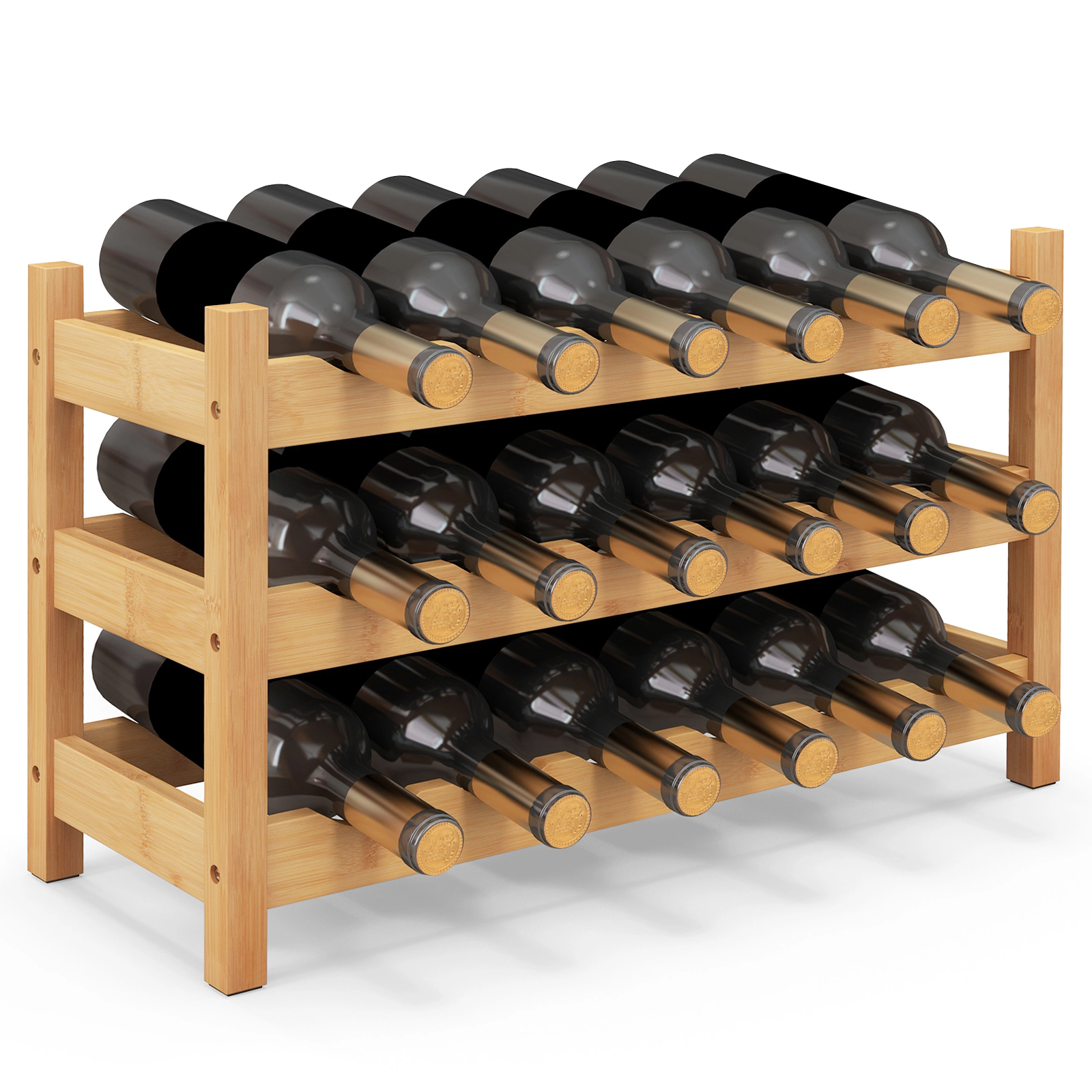 SUGIFT 3-Tier Bamboo Wine Rack Natural Freestanding Countertop Bottle Organizer