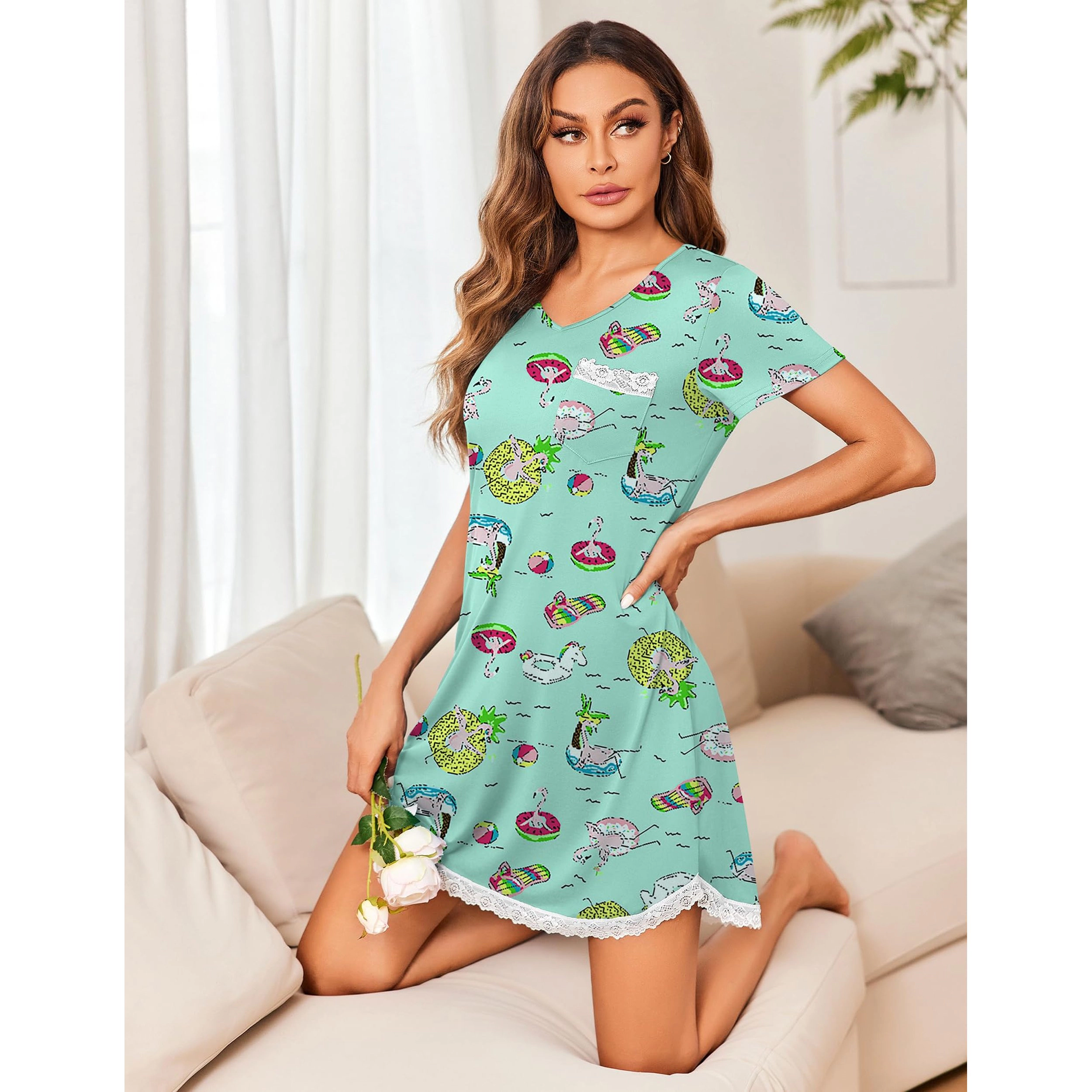 Ekouaer Women' Nightgown Sleepwear Soft Sleepshirt Short Sleeve Nightshirt  Pajama Dress