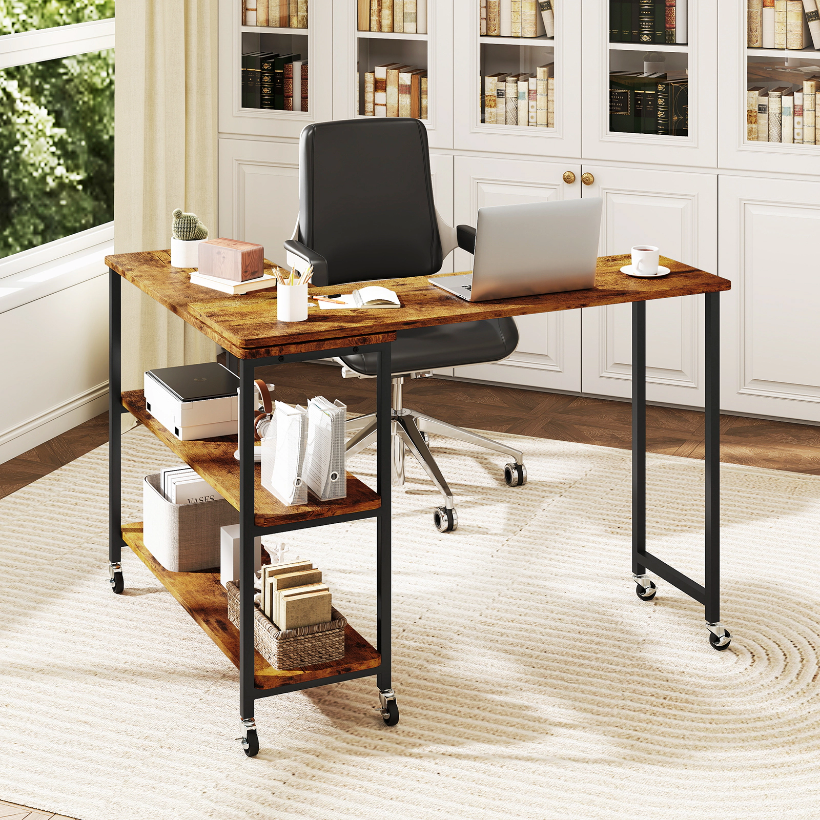 SUGIFT 360-Degree Rotating Sofa Side Table with Wheels and Storage Shelves 110-lb Desktop Rustic Brown