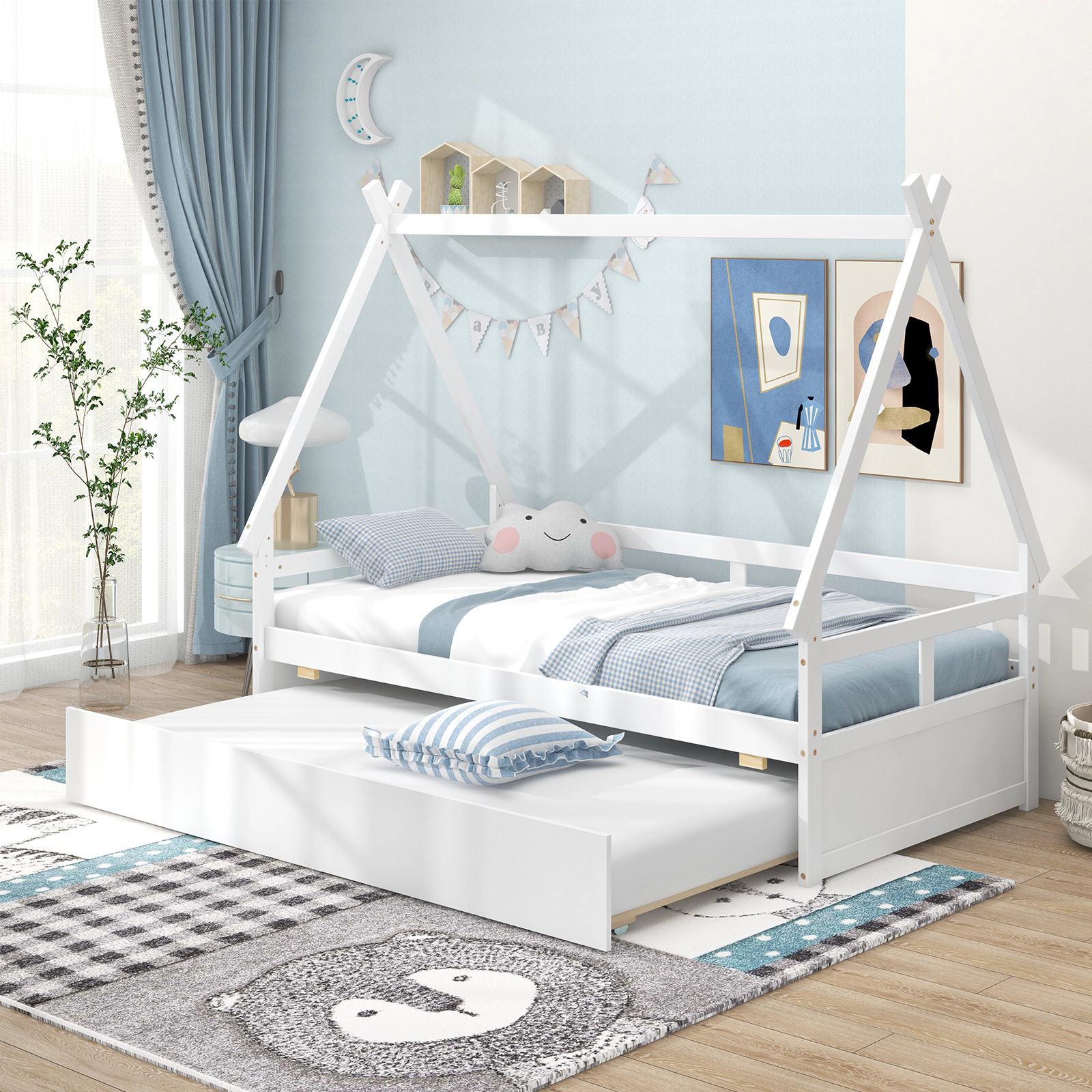 SUGIFT Twin Size House Bed with Trundle and Safety Guardrail 250-lb Bed 200-lb Trundle Capacity 78-in Frame White
