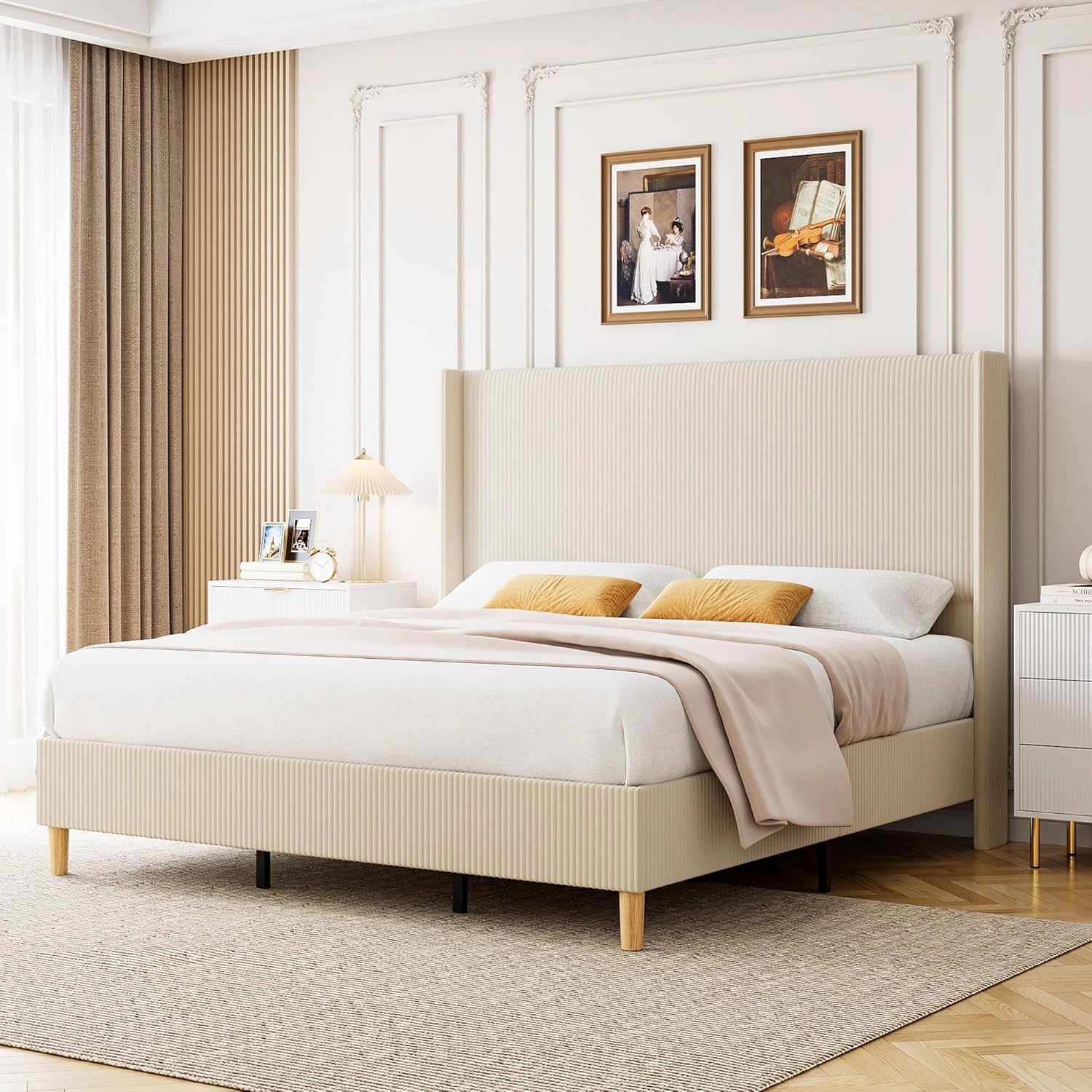 BebreezChic Beige Upholstered Queen Platform Bed Frame with Headboard,Beige