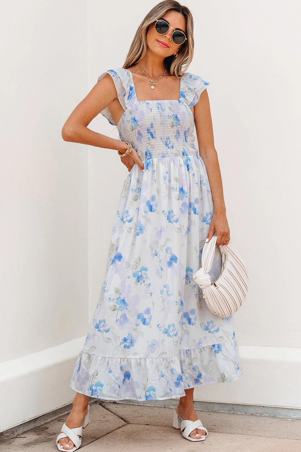 Threaded Pear Women's Josephine Floral Smocked High Waist Sleeveless Long Dress
