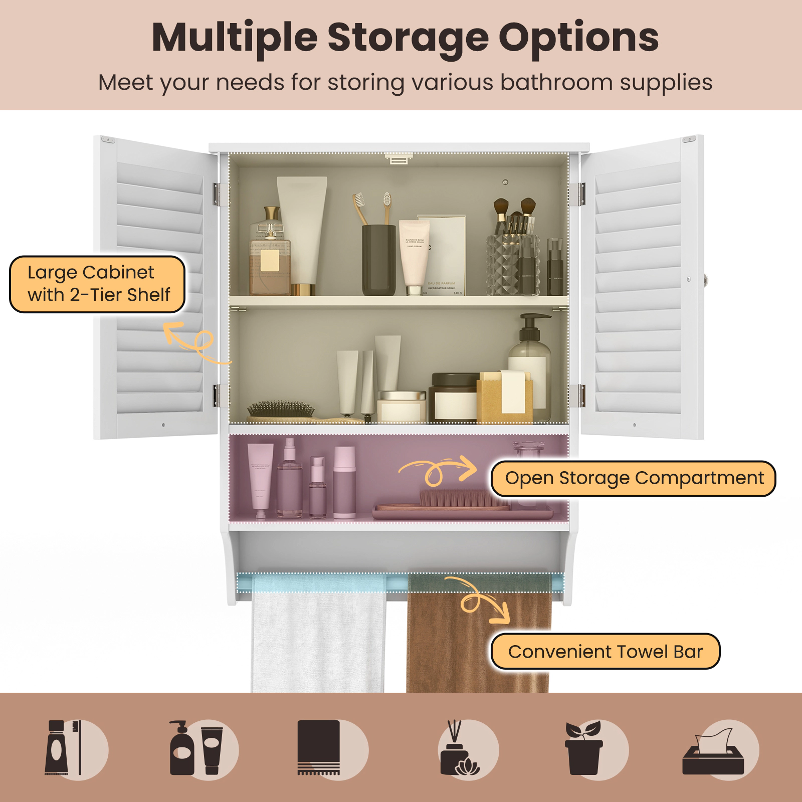 Slickblue Wall Mounted Bathroom Cabinet White MDF Adjustable Shelf Towel Bar