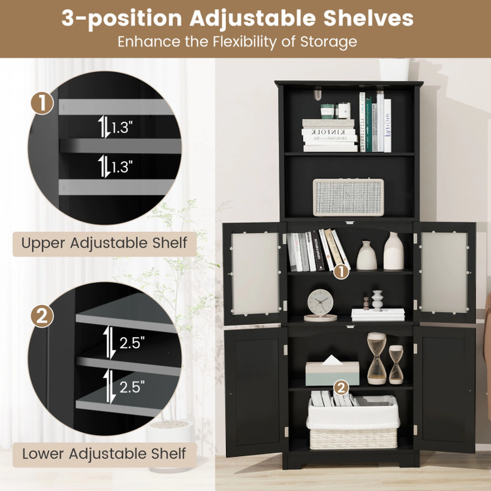 SUGIFT 6-Tier Bathroom Cabinet with Open Compartments and Adjustable Shelves 44-lb Panels 33-lb Shelves White/Gray
