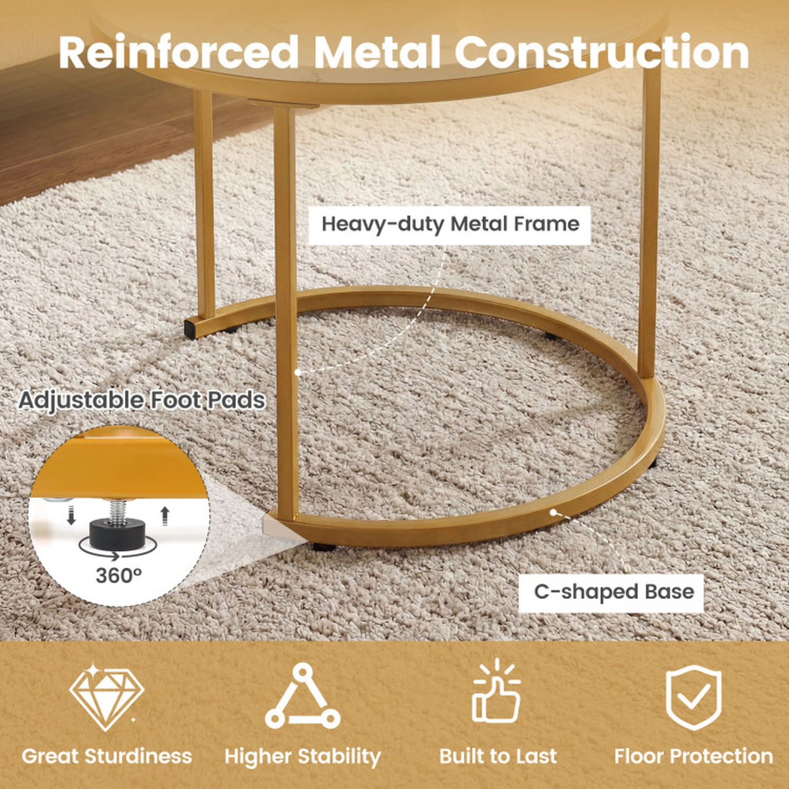 SUGIFT Set of 2 Modern Round Stacking Nesting Coffee Tables with MDF Tops and Steel Frames Rustic Brown