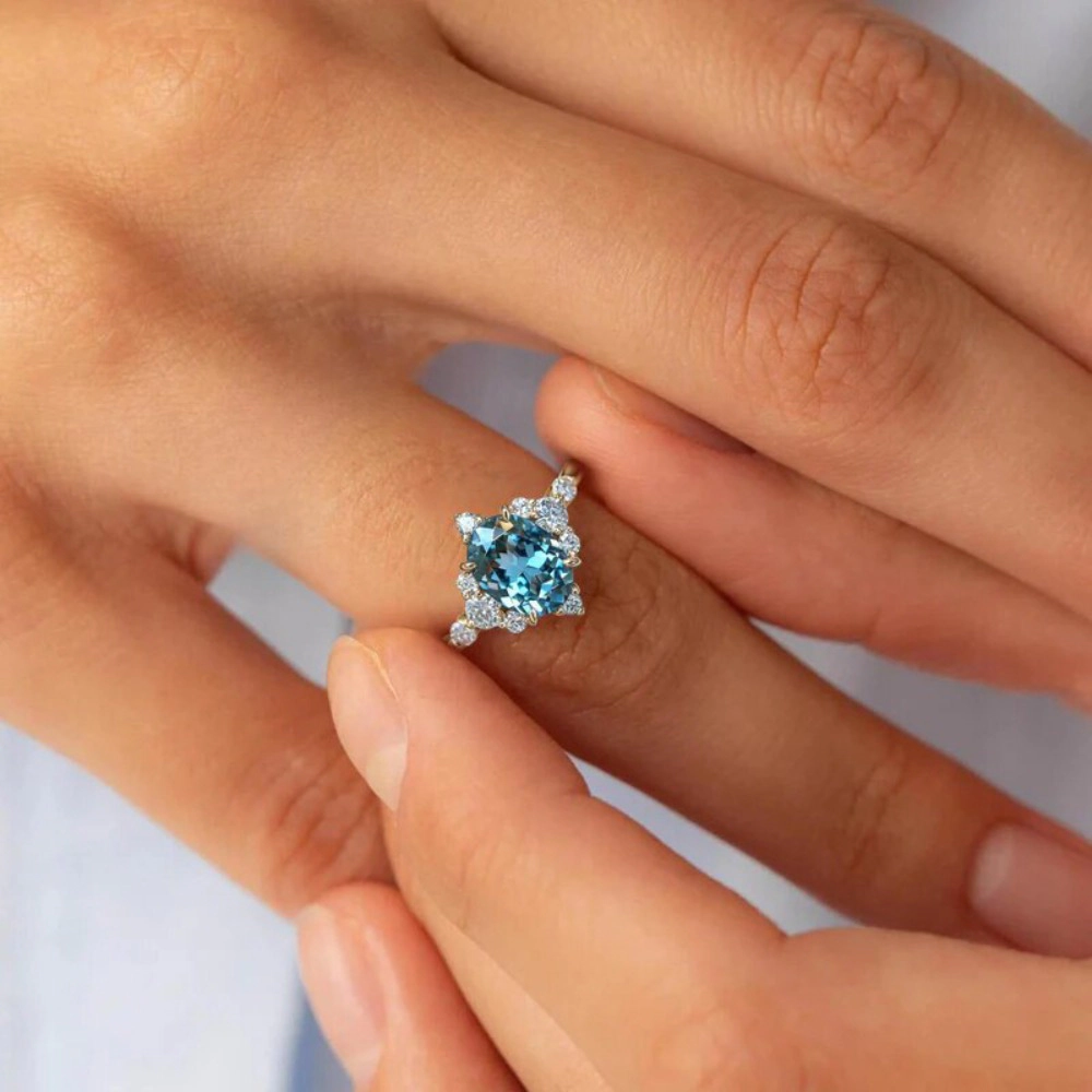 Elegant Oval Sea Blue Synthetic Gemstone Engagement Ring