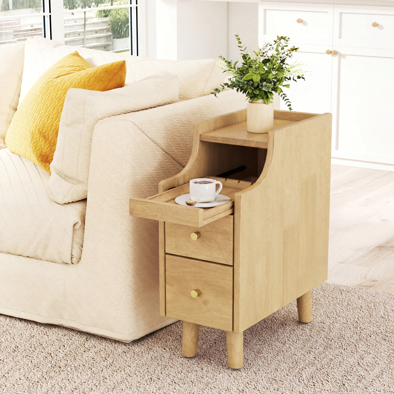 Glintex 8-Inch Narrow Rubber Wood Nightstand with Pull-Out Cable Tray and 2 Drawers