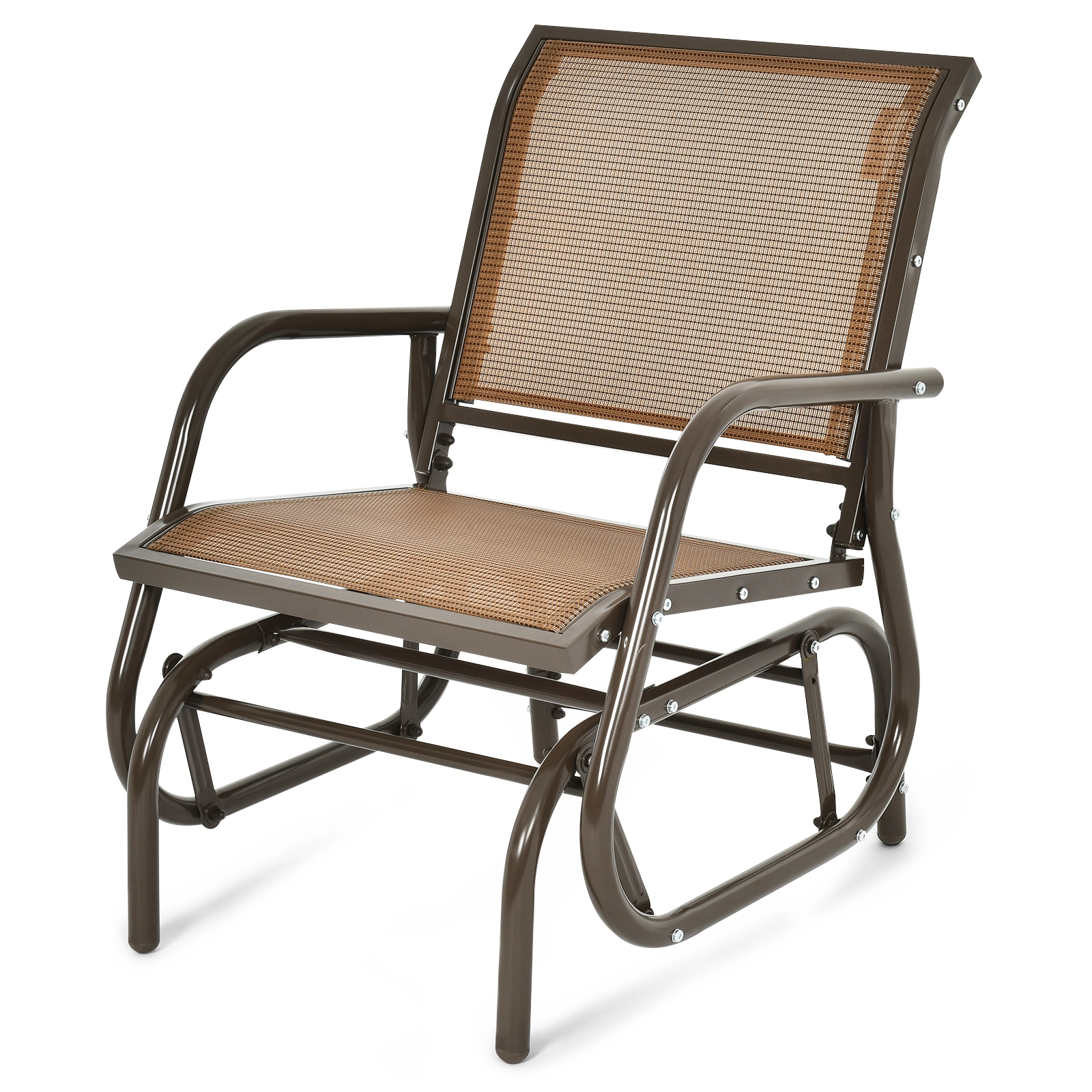 SUGIFT Outdoor Single Swing Glider Rocking Chair Brown with Armrests and Steel Frame