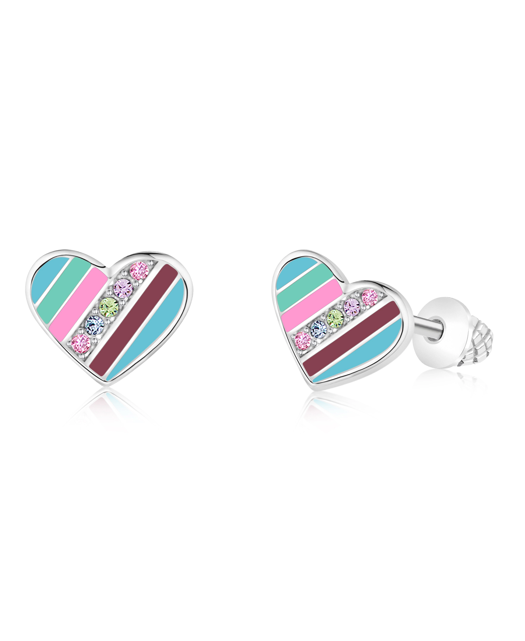 CHANTEUR Kids Heart Stud Earrings - Screwback Surgical Titanium Posts, Hypoallergenic Silver-Plated with Pink Cubic Zirconia