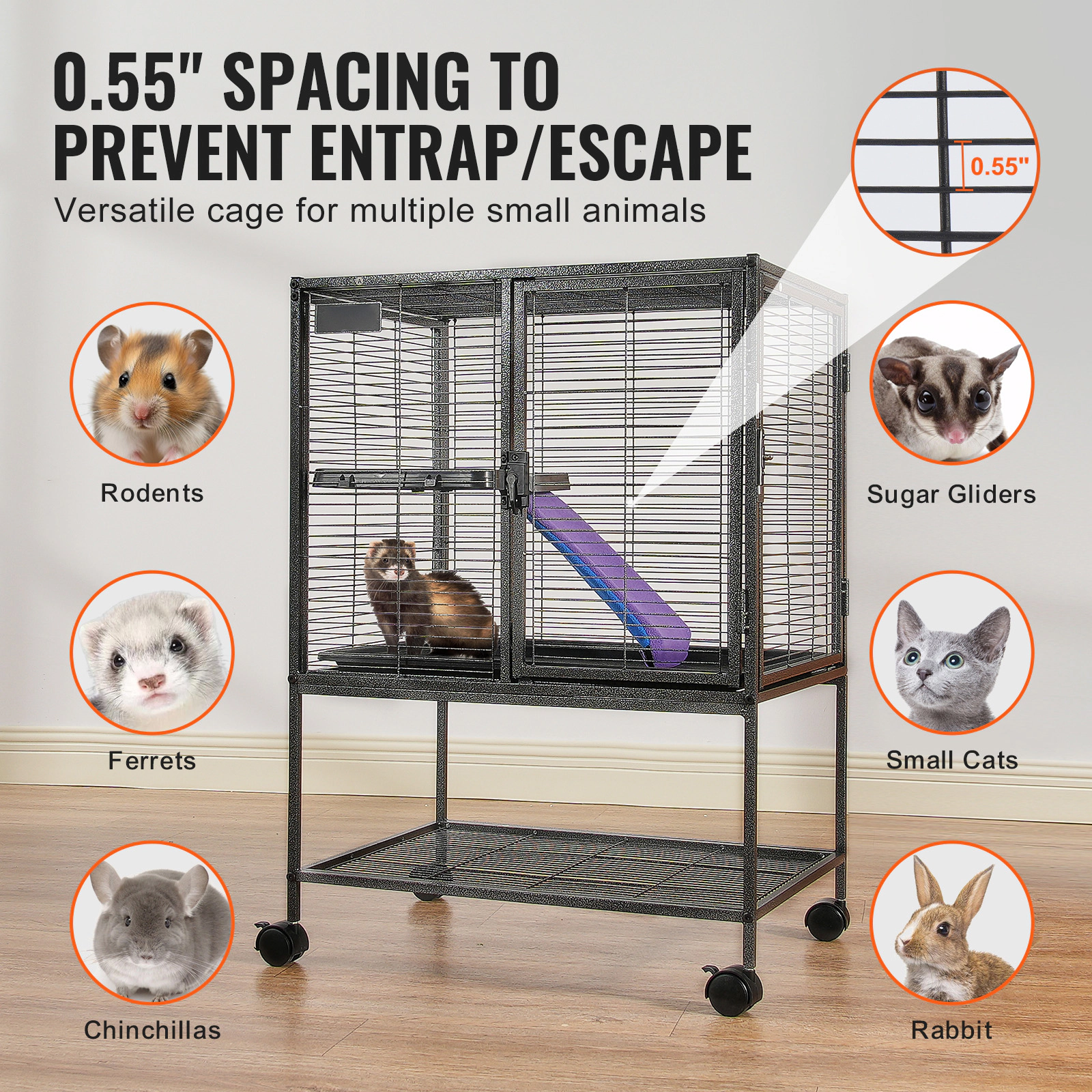 HONGGE Rolling Metal Ferret Cage Large Cage Small Animal Cage with Ramps & Tray Easy to Set up for Pet Rats Hamster