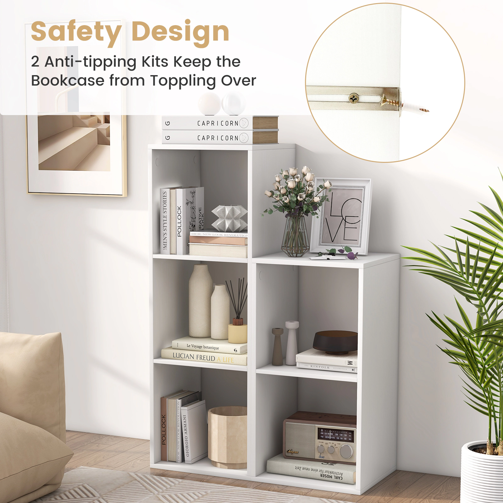 SUGIFT 3-Cube Engineered Wood Bookshelf with Back Guardrail 145-lb Capacity 41-in Tall White