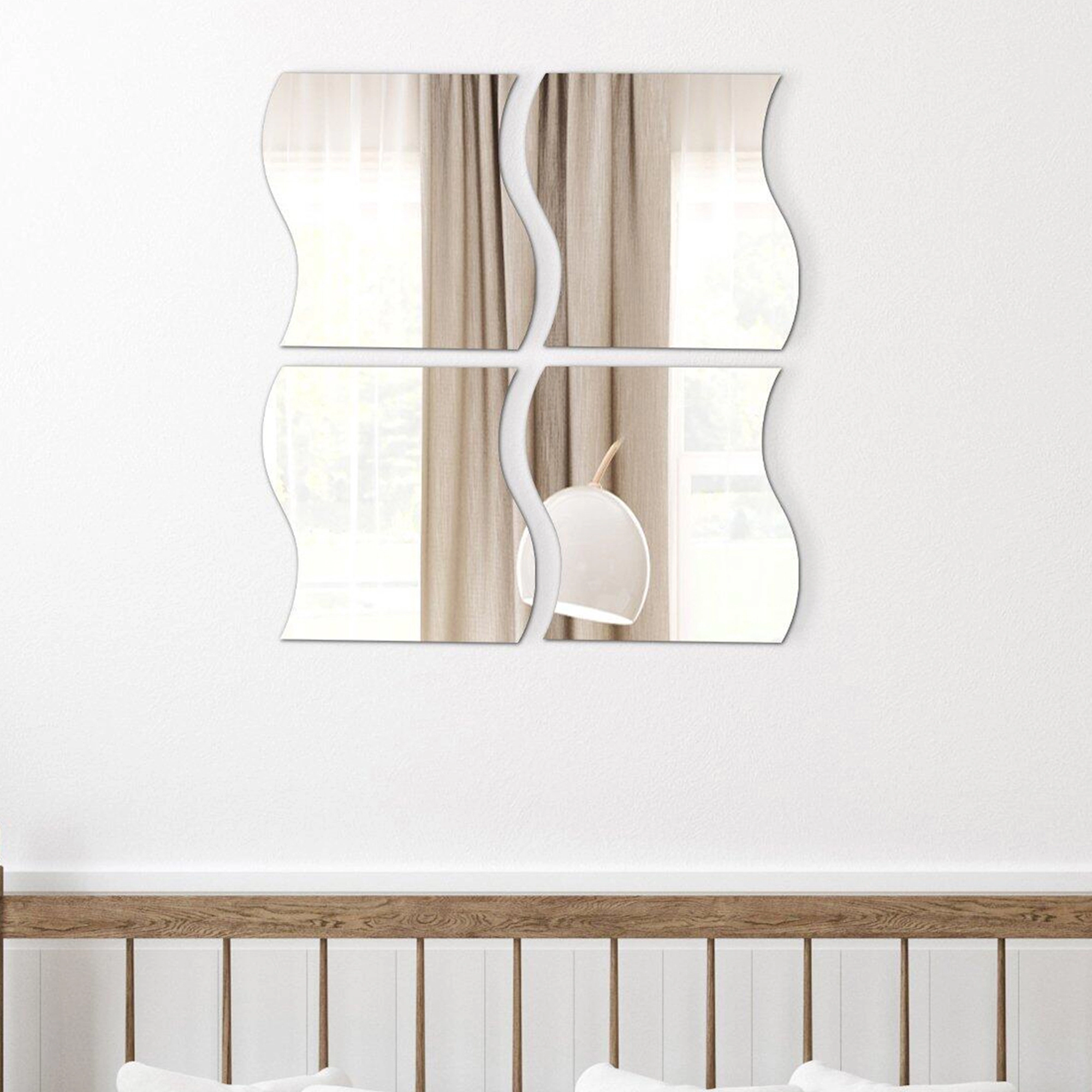 Evideco French Home Goods Set of 4 Large Wave Self-Adhesive Glass Mirrors, Silver