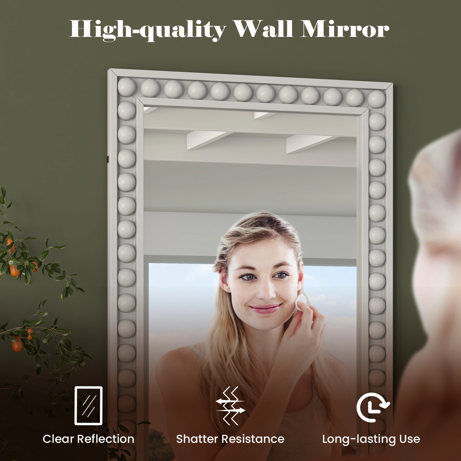 SUGIFT Beaded Frame Solid Rubber Wood Farmhouse Rectangular Wall Mirror 36-in x 24-in 1-in Thick 16.5-lb White