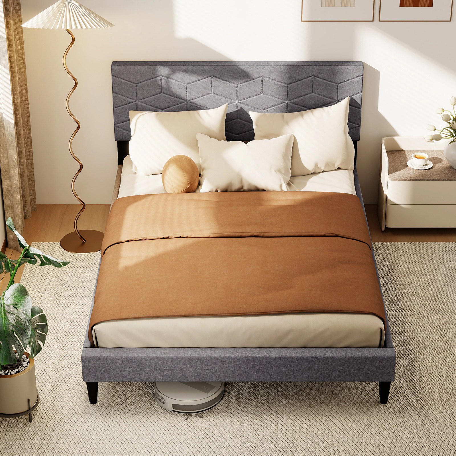 SUGIFT Modern Low-Profile Full Platform Bed Frame with Linen Upholstered Headboard 660-lb Capacity Gray