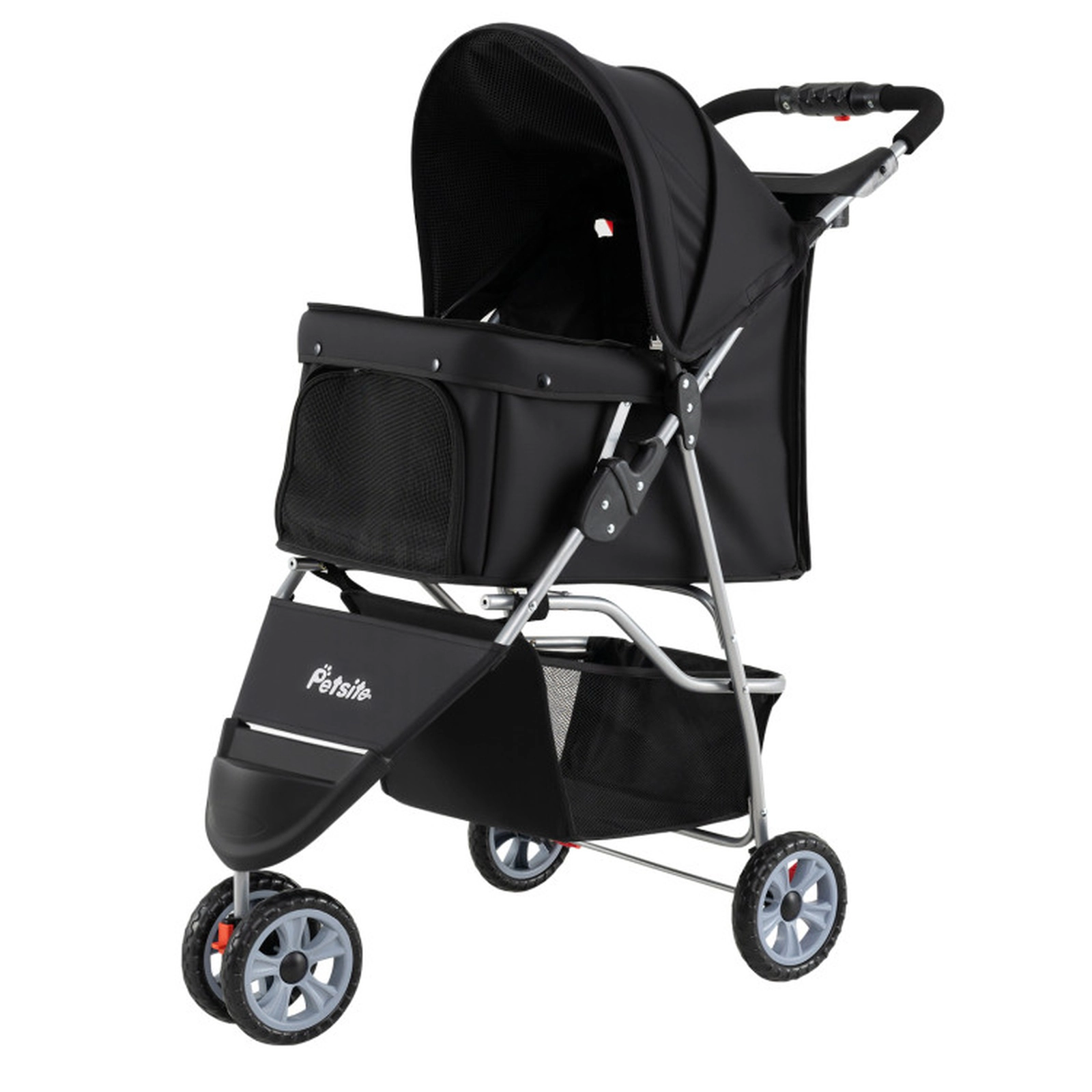 SUGIFT 3-Wheel Pet Stroller Pet Bed for Small Dogs and Cats 33-lb Capacity Black/Beige