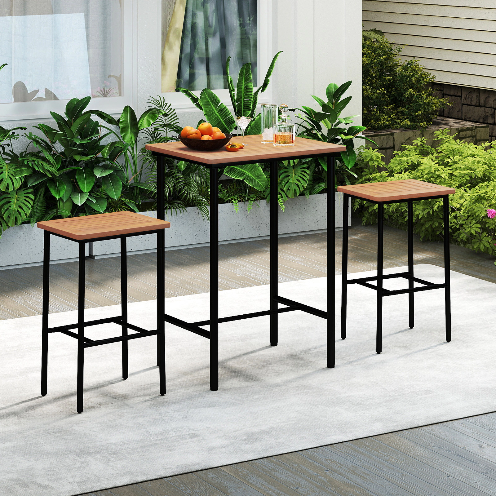 SUGIFT 3 Piece Acacia Wood Patio Bar Set Natural with Rectangular Table and 2 Stools