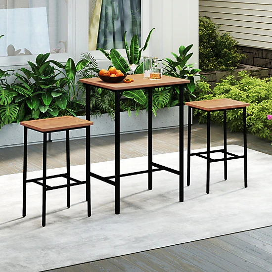 SUGIFT 3 Piece Acacia Wood Patio Bar Set Natural with Rectangular Table ...