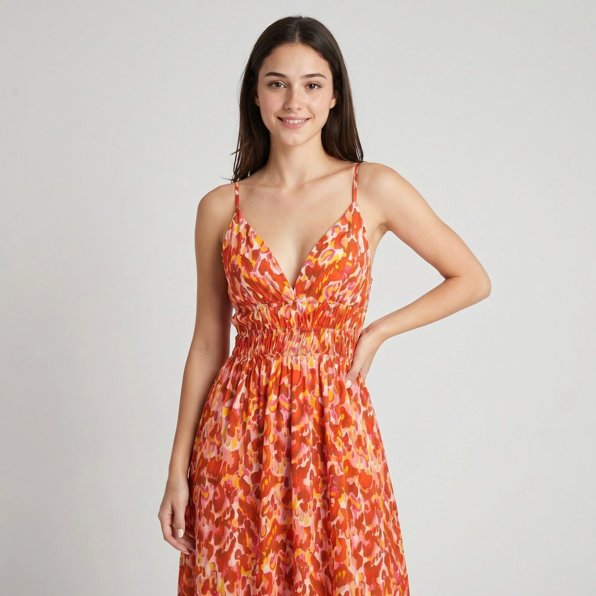 Anna-Kaci Women's Abstract Floral Print Smocked Waist Spaghetti Strap V-Neck Surplice Bodice Maxi Dress