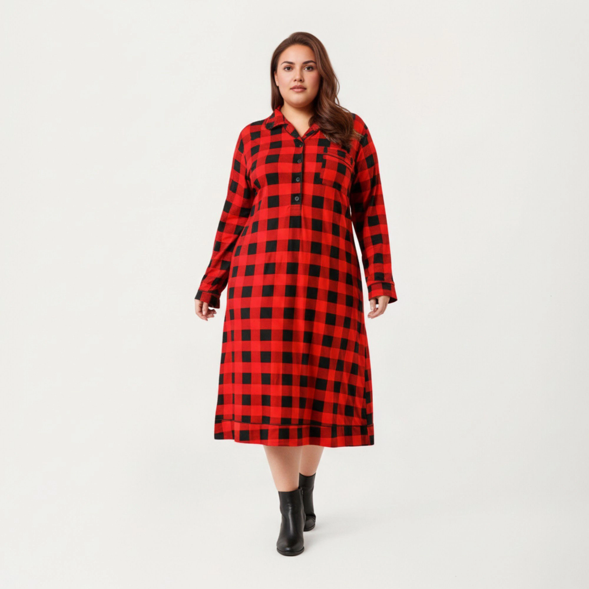 Anna-Kaci Women's Plaid Long Sleeve Midi Sleep Shirt Brushed Texture Button Front and Relaxed Loose-Fit Silhouette