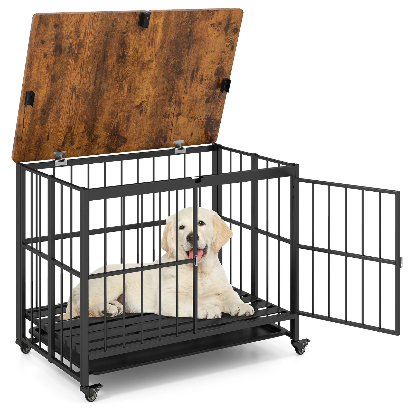 SUGIFT 38-in Foldable Dog Crate Furniture Side Table with Lockable Front Door Flip-Top and Removable Tray