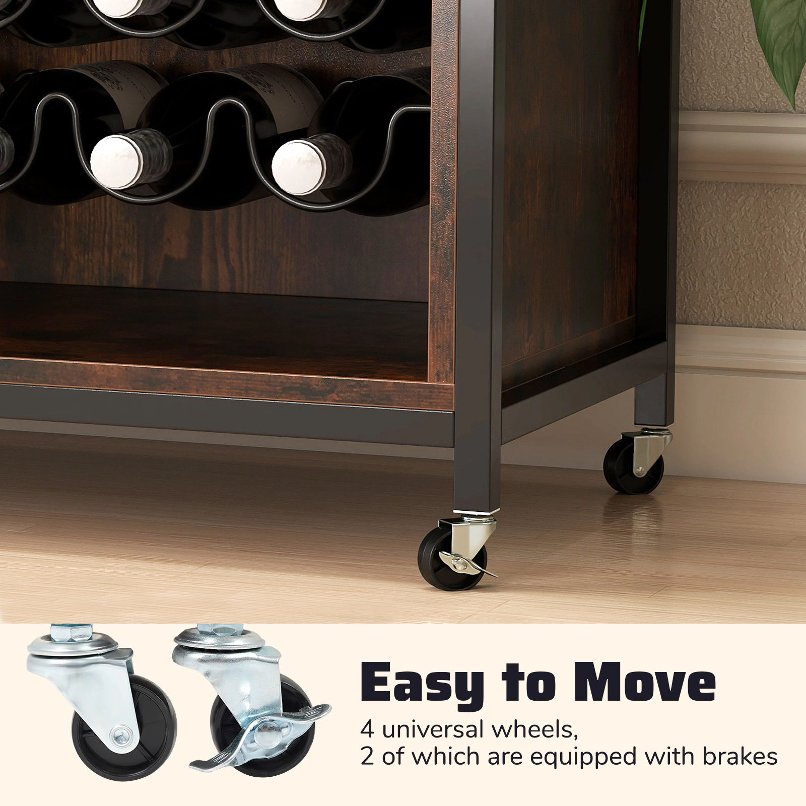SUGIFT Rustic Brown 42.5-in Wine Bar Cabinet with LED Light Glass Doors 12-Bottle Rack and Glass Holder