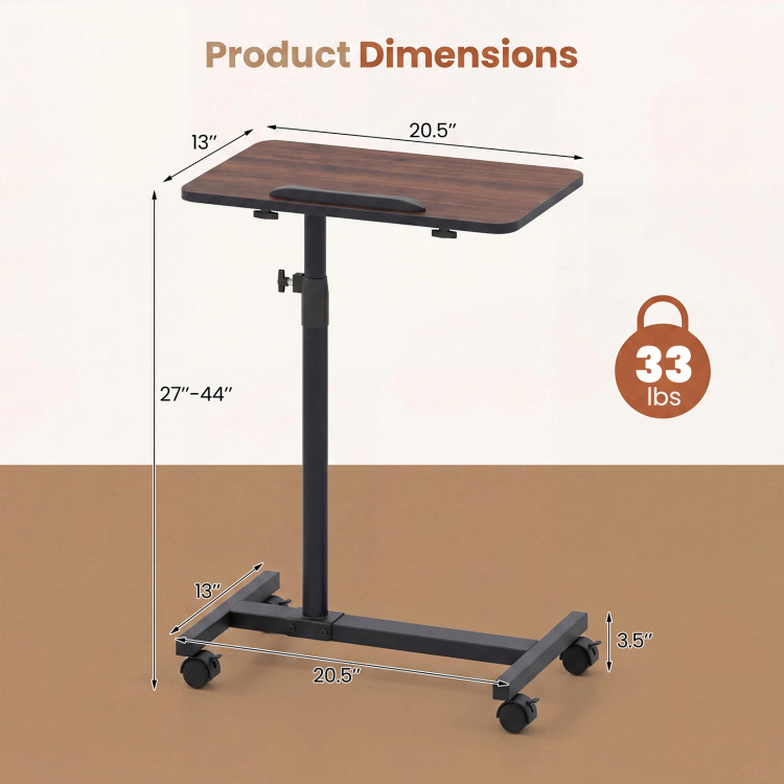 SUGIFT Adjustable Height Rolling Lap Desk Over Bed Food and Laptop Table 33-lb Capacity Brown Black Walnut